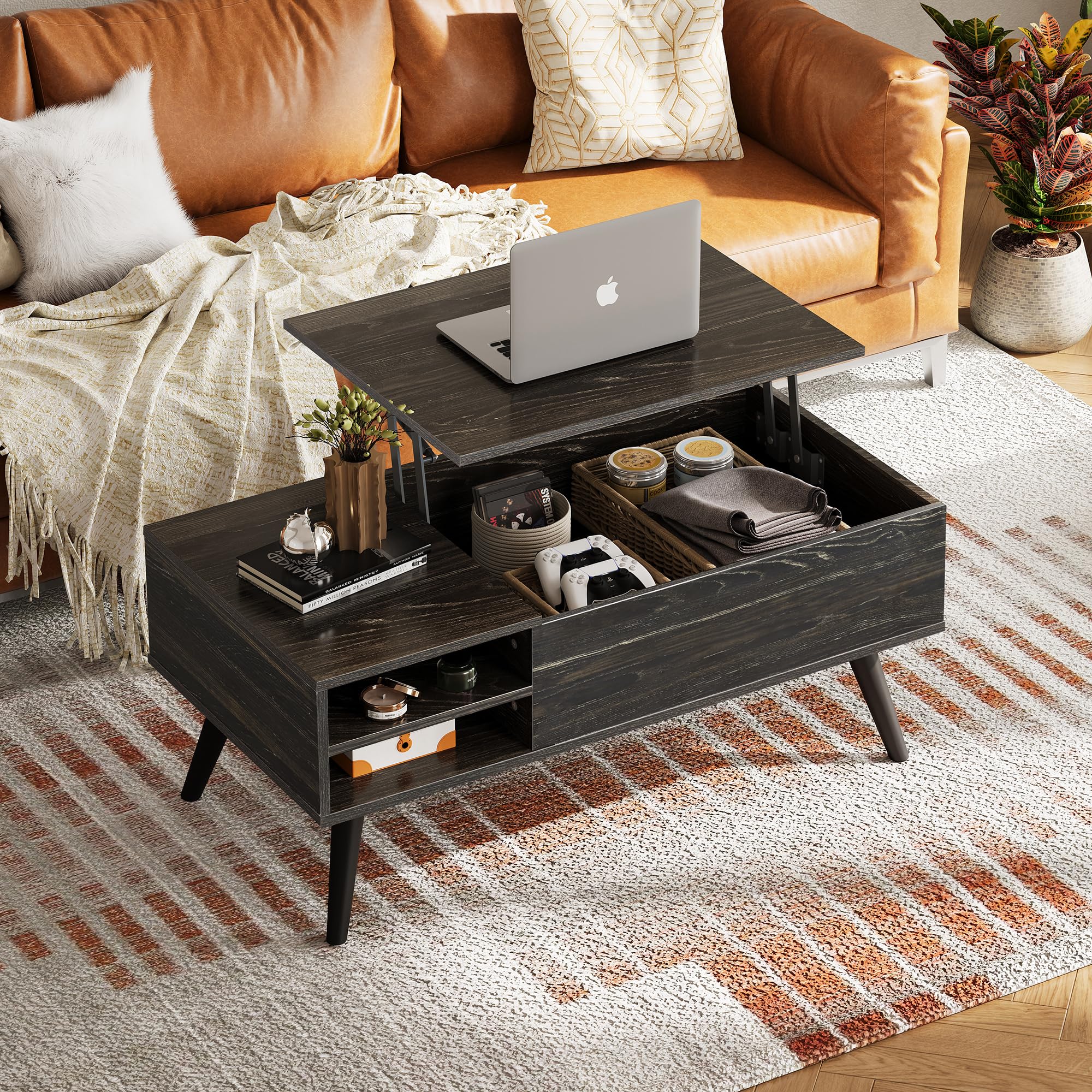 Wlive Wood Lift Top Coffee Table With Hidden Compartment And Adjustable Storage Shelf, Lift Tabletop Dining Table For Home Living Room, Office, Charcoal Black