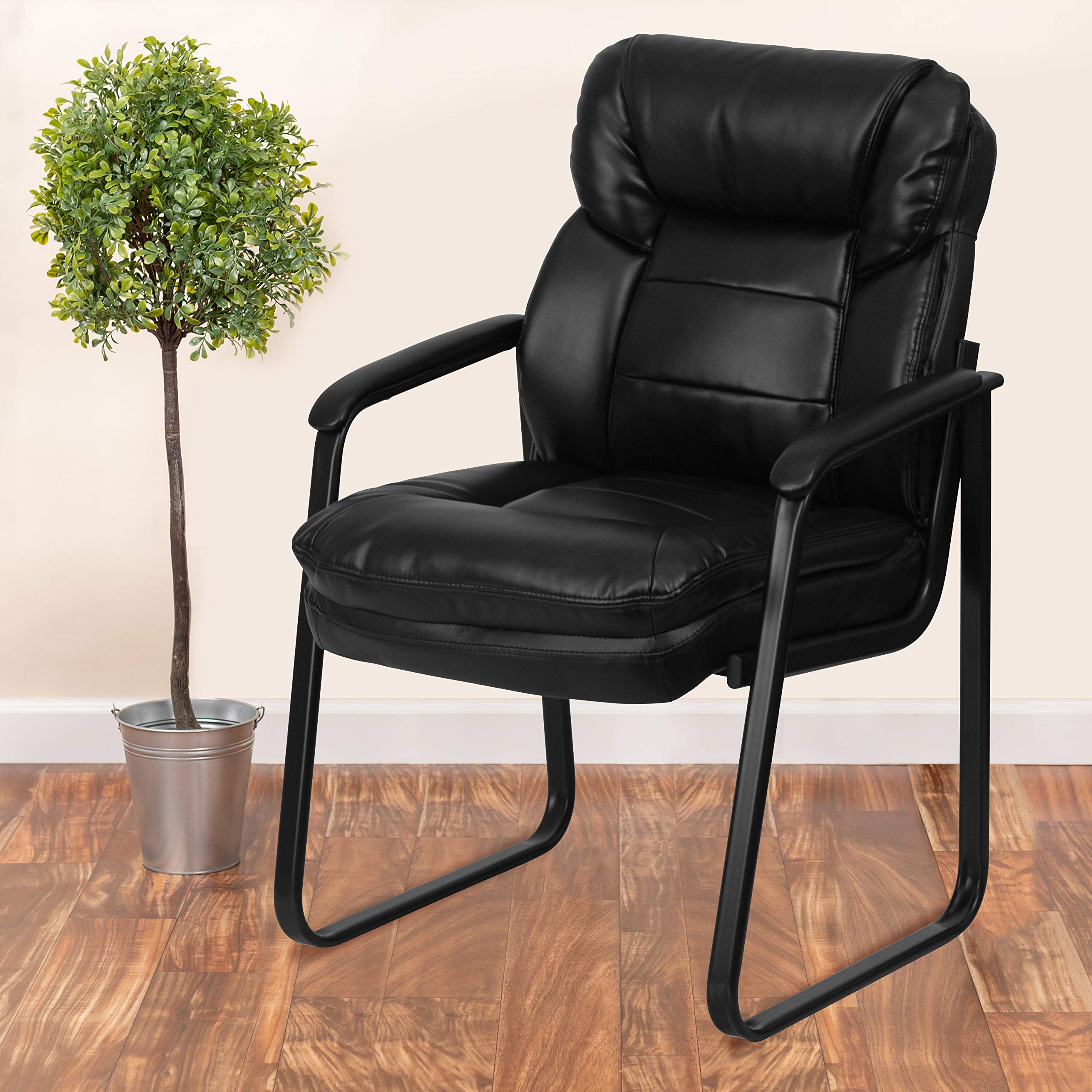 Flash Furniture Isla LeatherSoft Executive Side Reception Chair with Padded Arms and Sled Base, Upholstered Side Chair for Living Room/Office, Black