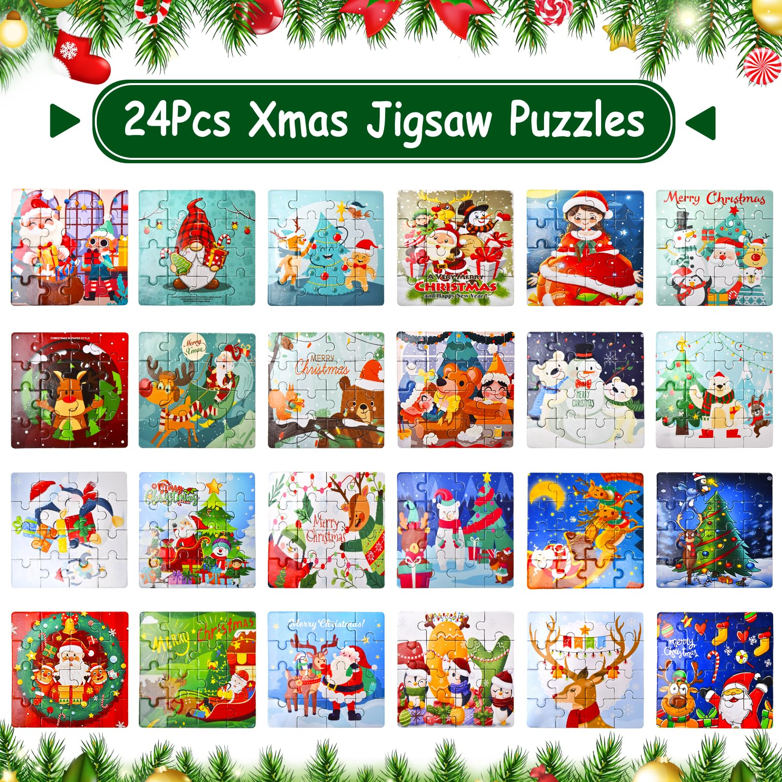 Advent Calendar 2024 Christmas Jigsaw Puzzles - 24 Days Xmas Countdown Calendars - 24Pcs Advent Calendar For Kids - Stocking Stu