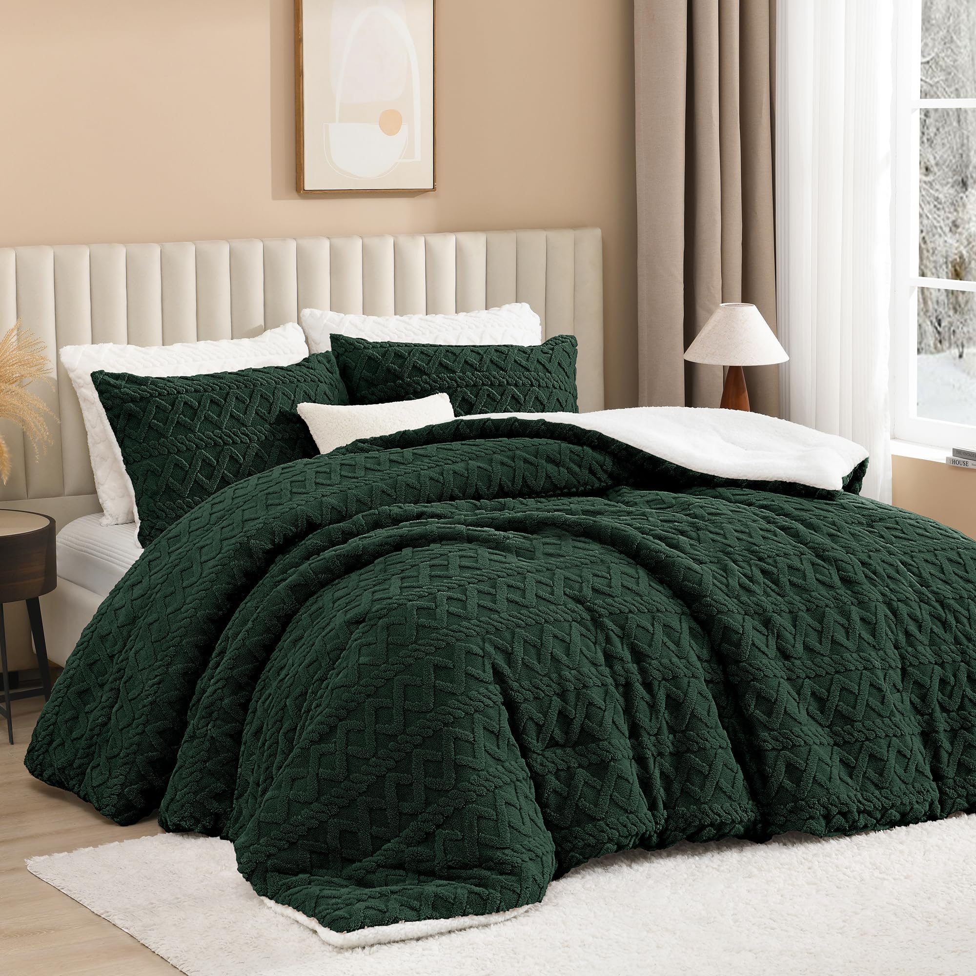 Andency Fluffy Sherpa Queen Comforter Set Dark Green, Super Soft Emerald Green Fleece Warm Bedding For Winter, Luxury Jacquard B