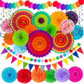 35PCS Fiesta Paper Fan Party Decorations Set - Cinco De Mayo Pom Poms,Pennant,Garland String,Banner,Hanging Swirls Decor Supplie
