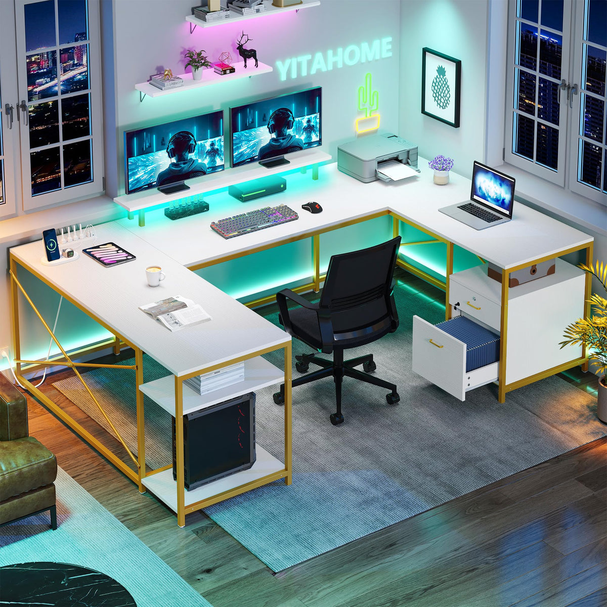 YITAHOME U Shaped Desk with Power Outlets & LED Lights, 79'' Reversible L Shaped Desk with Drawers, Corner Computer Desk Office 