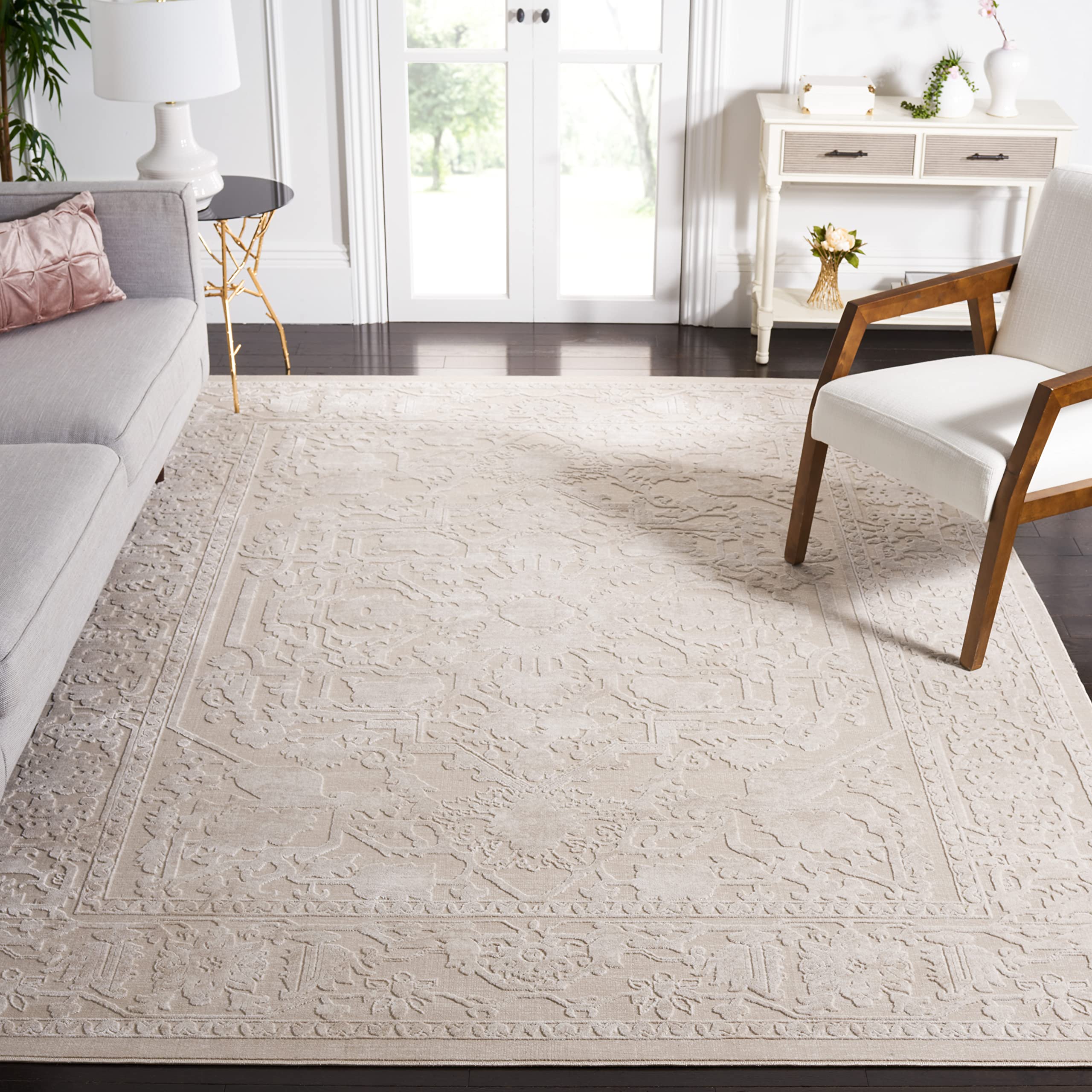 SAFAVIEH Reflection Collection Area Rug - 8 x 10, Creme & Ivory, Boho Tribal Distressed Design, Non-Shedding & Easy Care, Idea