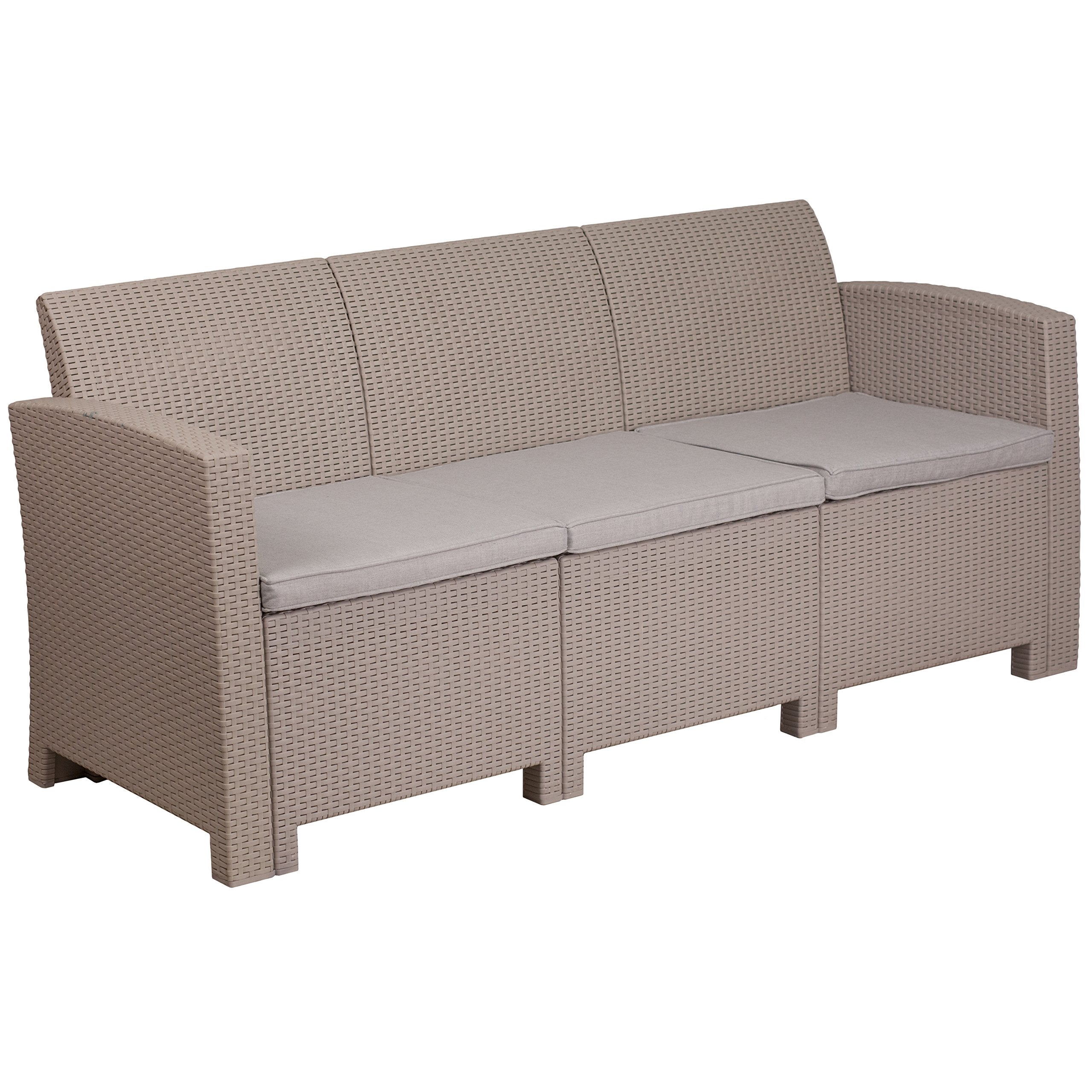 Flash Furniture Seneca Light Gray Faux Rattan Sofa With All-Weather Light Grey Cushions