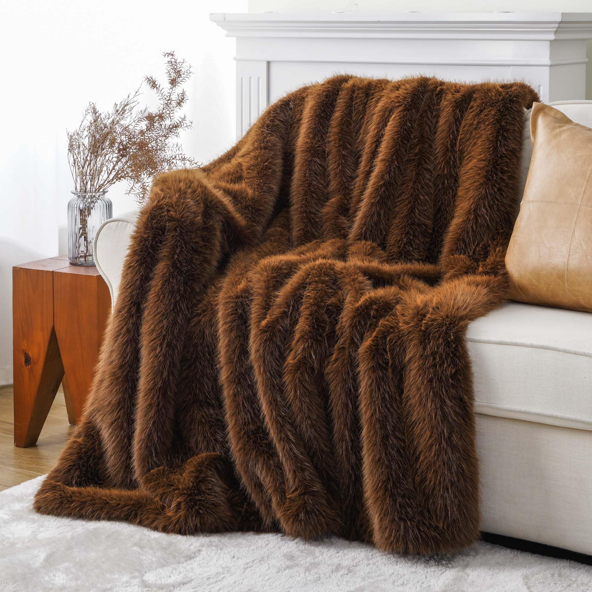 Battilo Home Luxury Fluffy Faux Fur Throw Blanket, Large Golden Brown Fake Fur Blanket For Bed, Sofa, Chair, Bed, Silky Elegant
