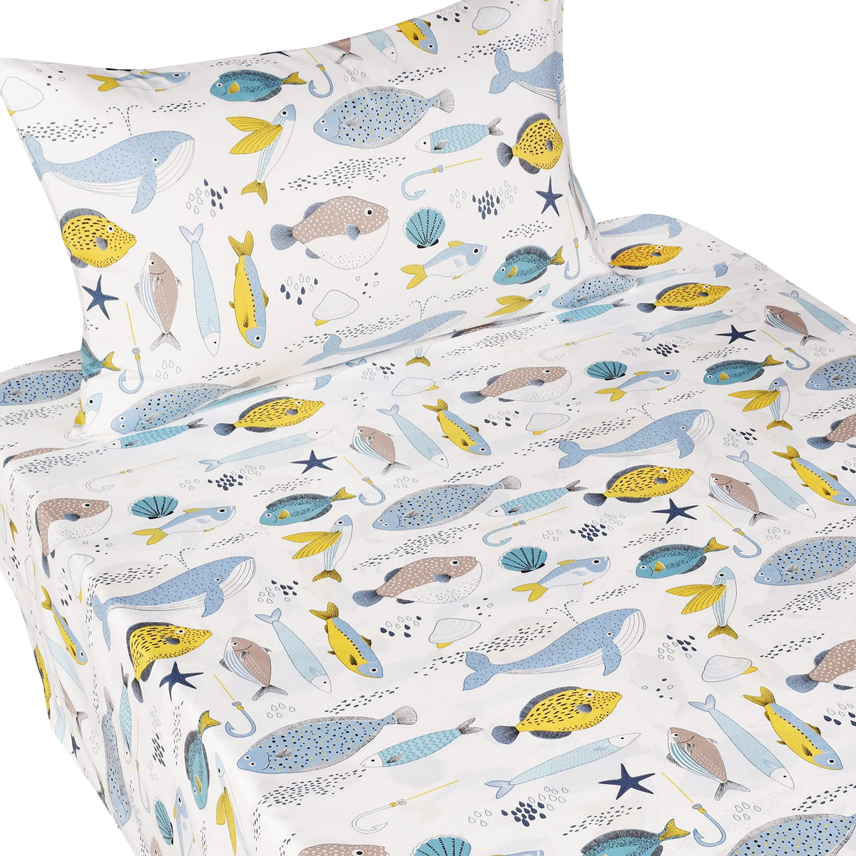 J-Pinno Many Fish Sardine Pufferfish Flatfish Whale Ocean Sea Cartoon Twin Sheet Set For Kids Girls Boys Children 100% Cotton Fl