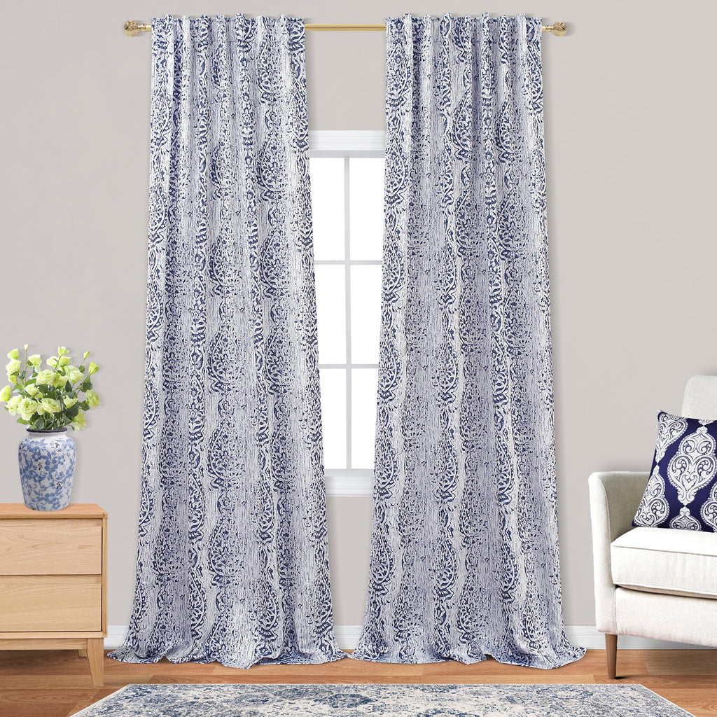 Patterned Living Room Curtains Drapes 108 Inch Long 2 Panels,Extra Long 50% Blackout Black Out Light Filtering Back Tab Boho Print Pattern 9Ft Length Ceiling Curtains For Tall Window,Navy Blue
