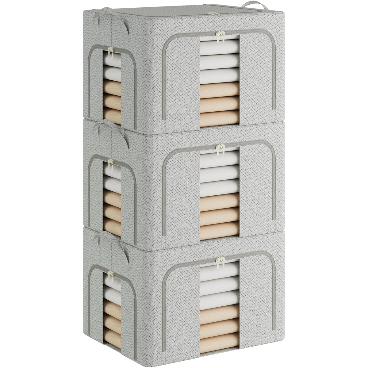 Pinkpum 3 Pack Clothes Storage Bins with Metal Frame, Closet Organizers and Storage Boxes, Stackable & Foldable Clothes Organize