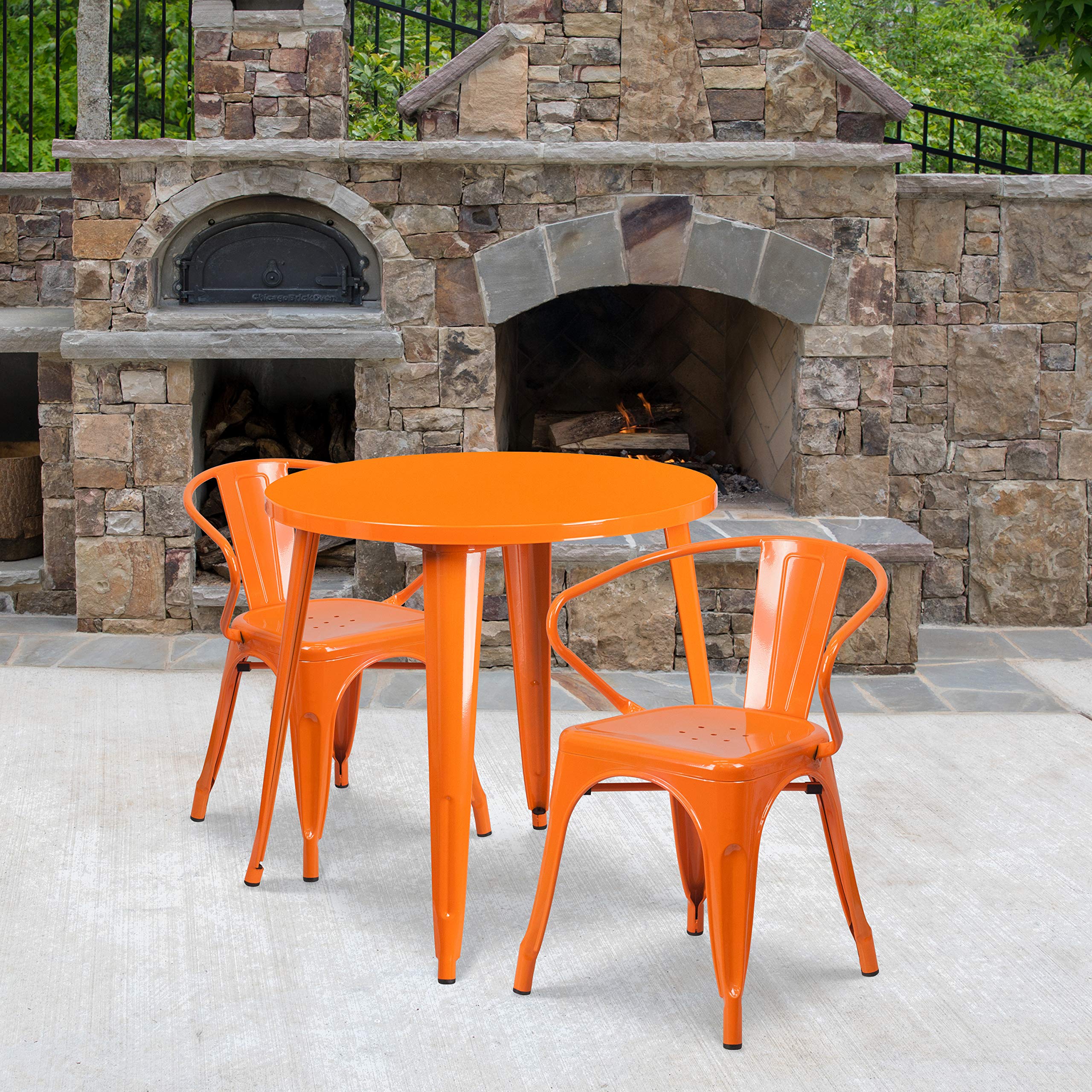Flash Furniture Conrad Commercial Grade 30" Round Orange Metal Indoor-Outdoor Table Set with 2 Arm Chairs