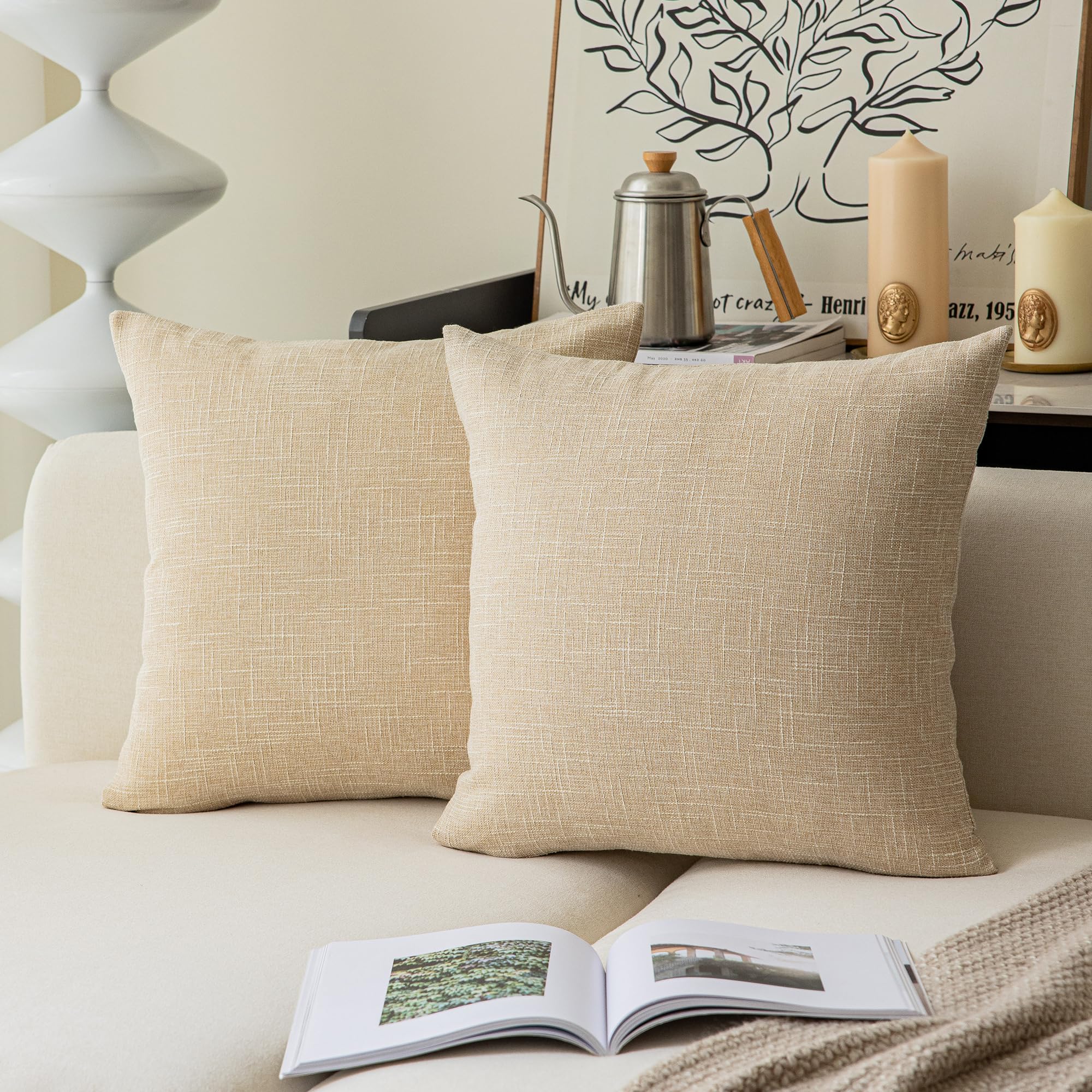 Kevin Textile Textural Faux Linen Throw Pillow Covers Shams For Couch, Farmhouse Cushion Case Invisible Zipper, 18 X 18-Inch (2