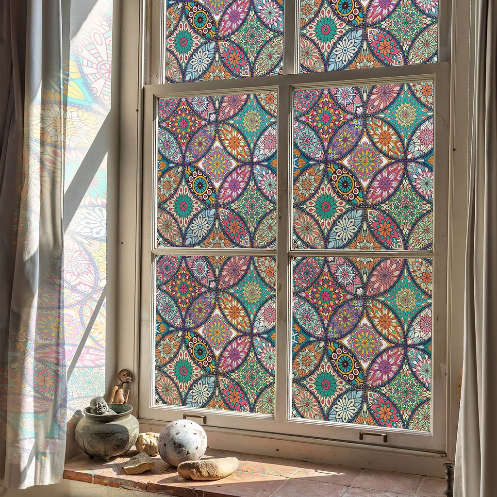 JiffDiff Window Privacy Film Frosted Glass Stain Stickers Boho Decorative Rainbow Non-Adhesive Static Cling Tinting for Home Bat