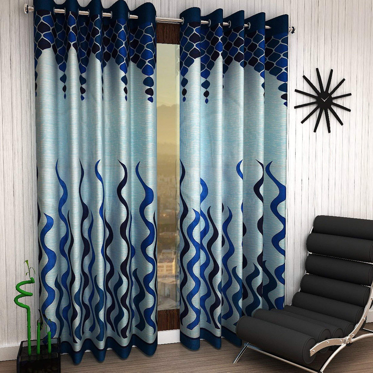 Galaxy Home Decor Modern Wave Panel Polyester Curtains for Window 5 Feet, Pack of 2, Blue (Blue, Window 5 Feet)