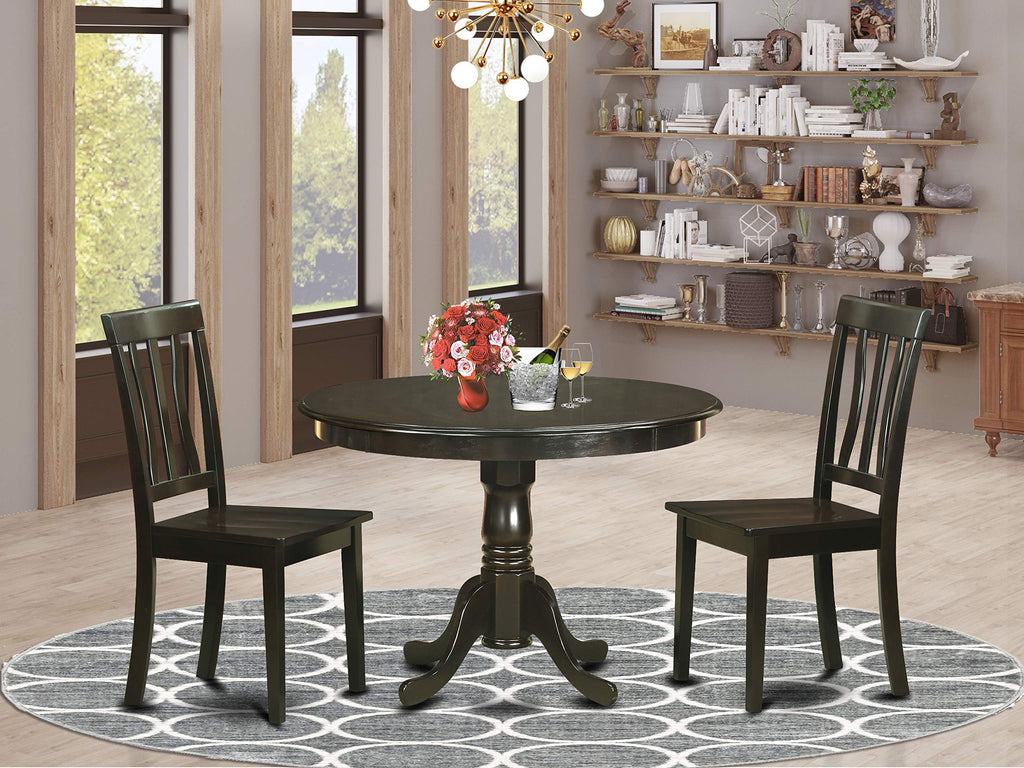 East West Furniture HLAN3-CAP-W 3 Piece Dining Room Furniture Set Contains a Round Kitchen Table with Pedestal and 2 Dining Chairs, 42x42 Inch, Cappuccino