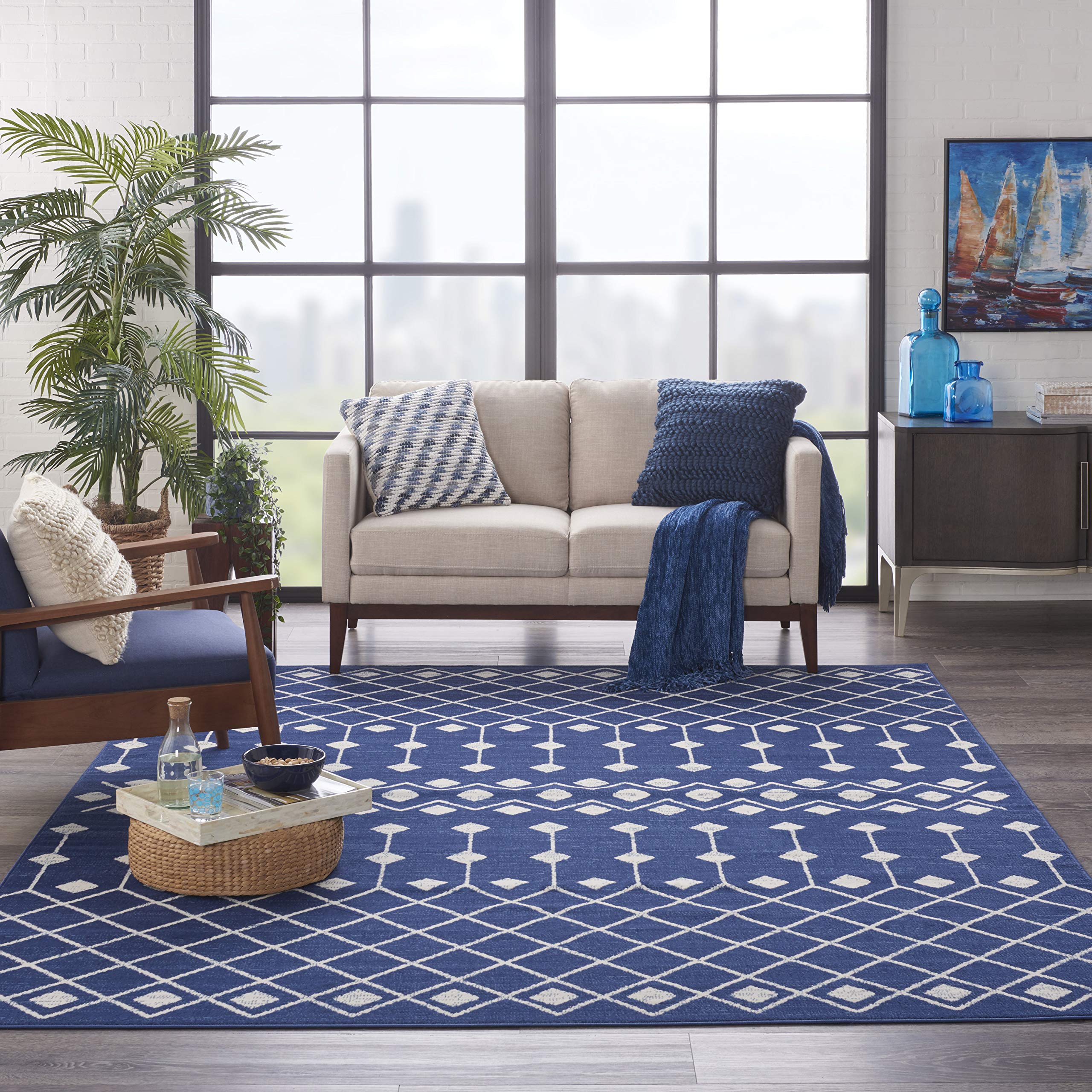 Nourison Grafix Moroccan Navy 8'6' X 12' Area Rug, Easy Cleaning, Non Shedding, Bed Room, Living Room, Dining Room, Kitchen (9X