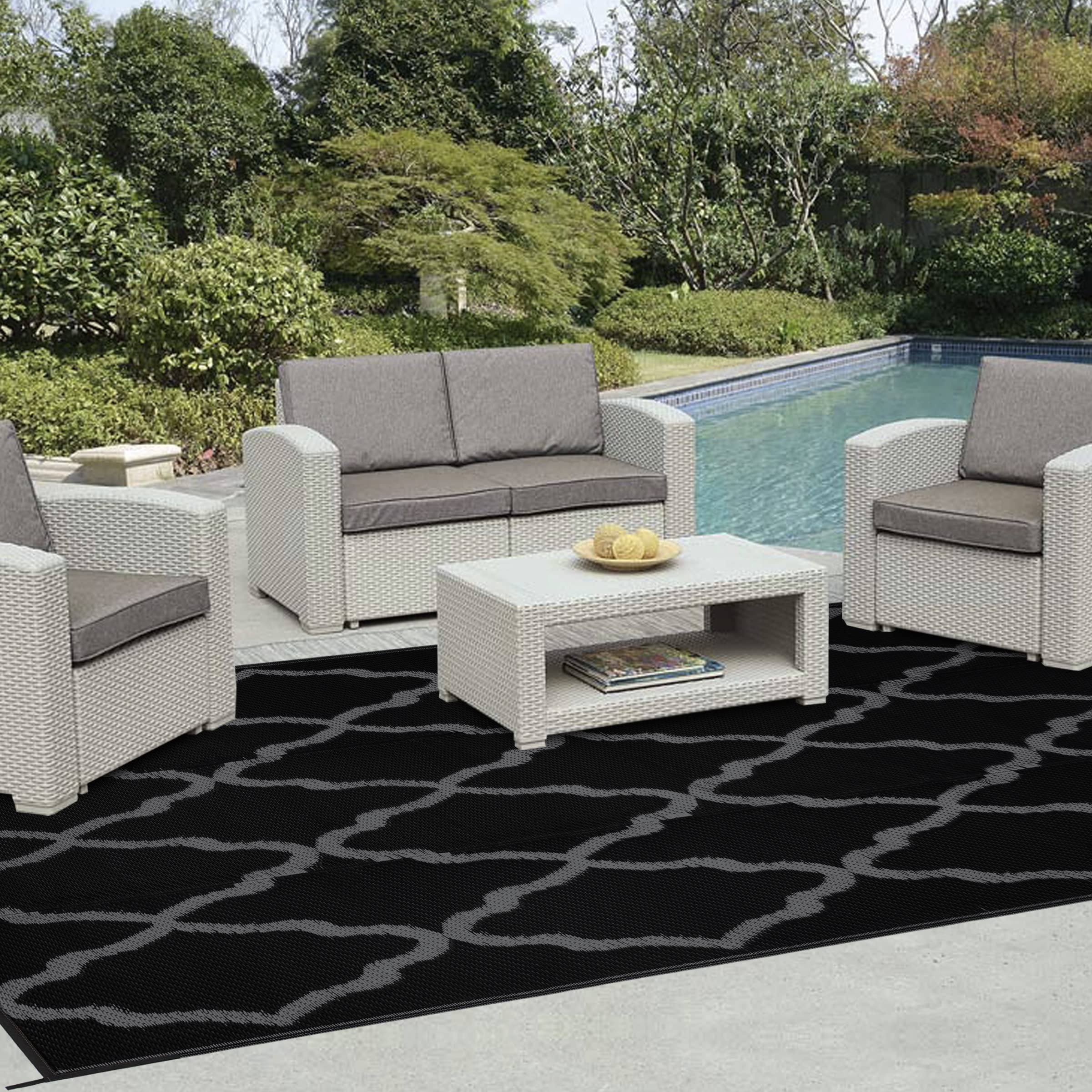 Easy-Going Reversible Outdoor Rugs 5X8Ft Waterproof Plastic Straw Rug Stain & Uv Resistant Floor Mat For Patio Porch Rv Backyard Pool Deck Picnic Beach Trailer Camping (Moroccan Black & Grey)