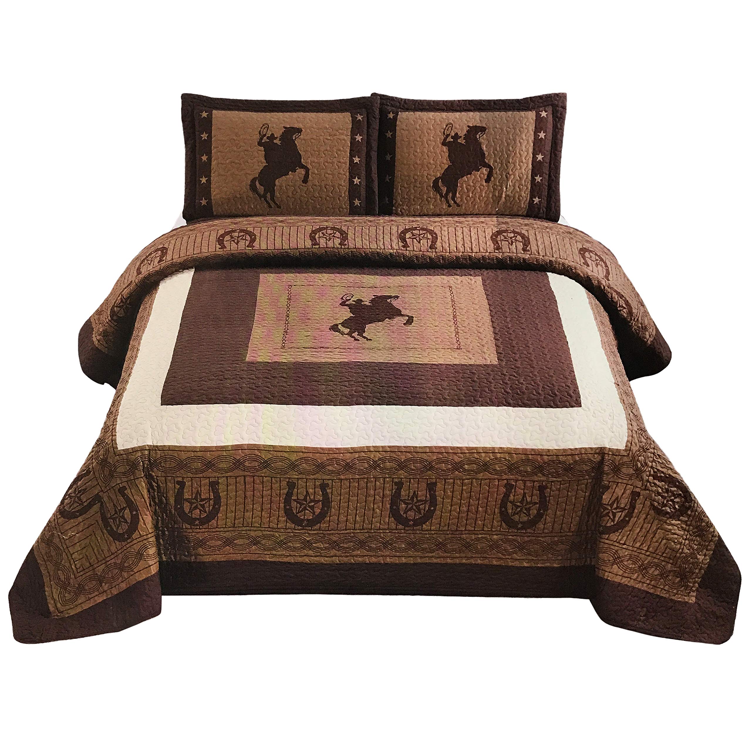 Western Collection New 3 Pieces Western Stars And Horses Cowboy Luxury Home Quilt Bedspread Oversize Comforter (King Brown Horse