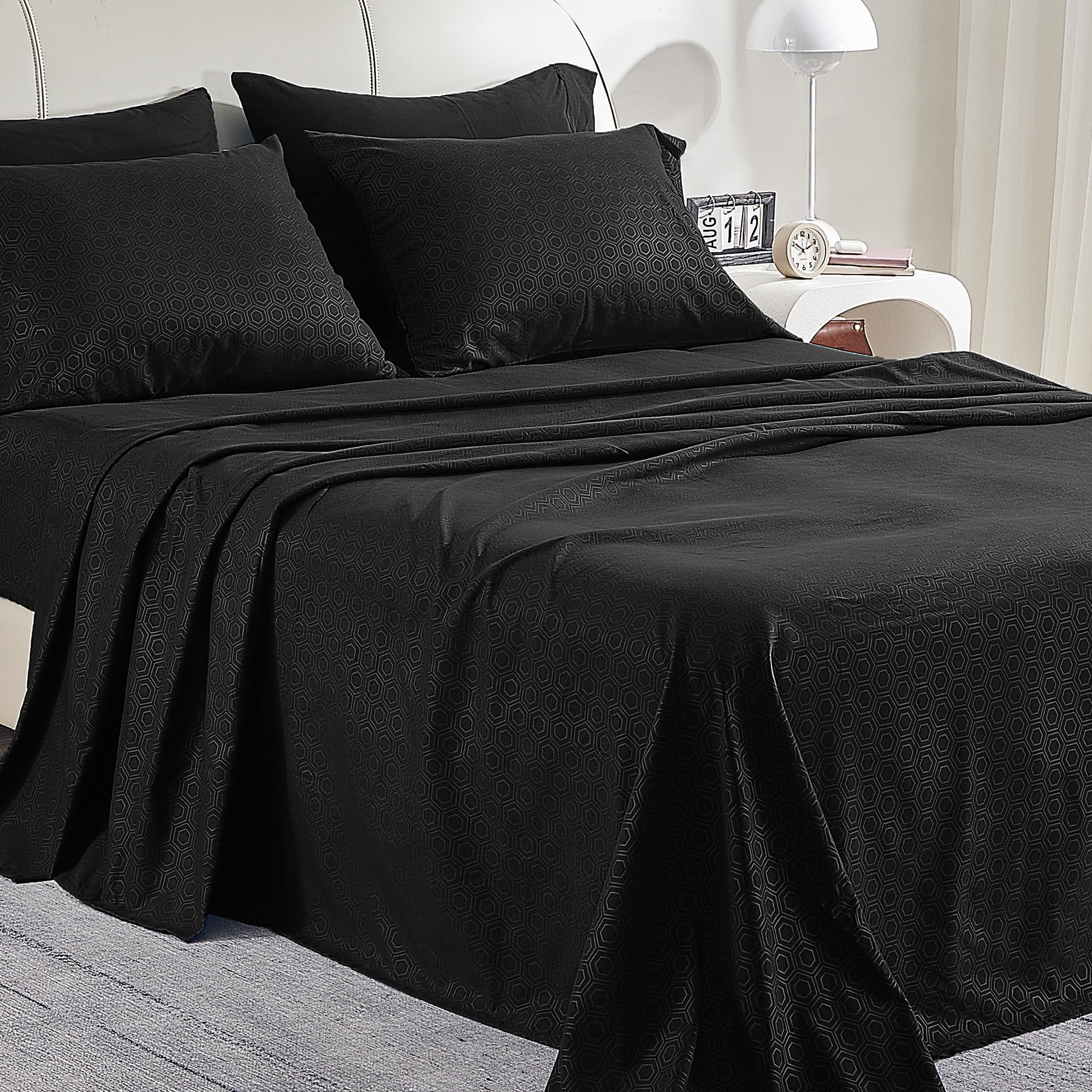Sleep Zone Luxury Embossed Twin Bed Sheets Set For Kids, Black Honeycomb Pattern Sheet & Pillowcase Sets 3 Piece - Super Soft, Wrinkle Free, Fade Resistant, Deep Pocket 16' (Black, Twin)