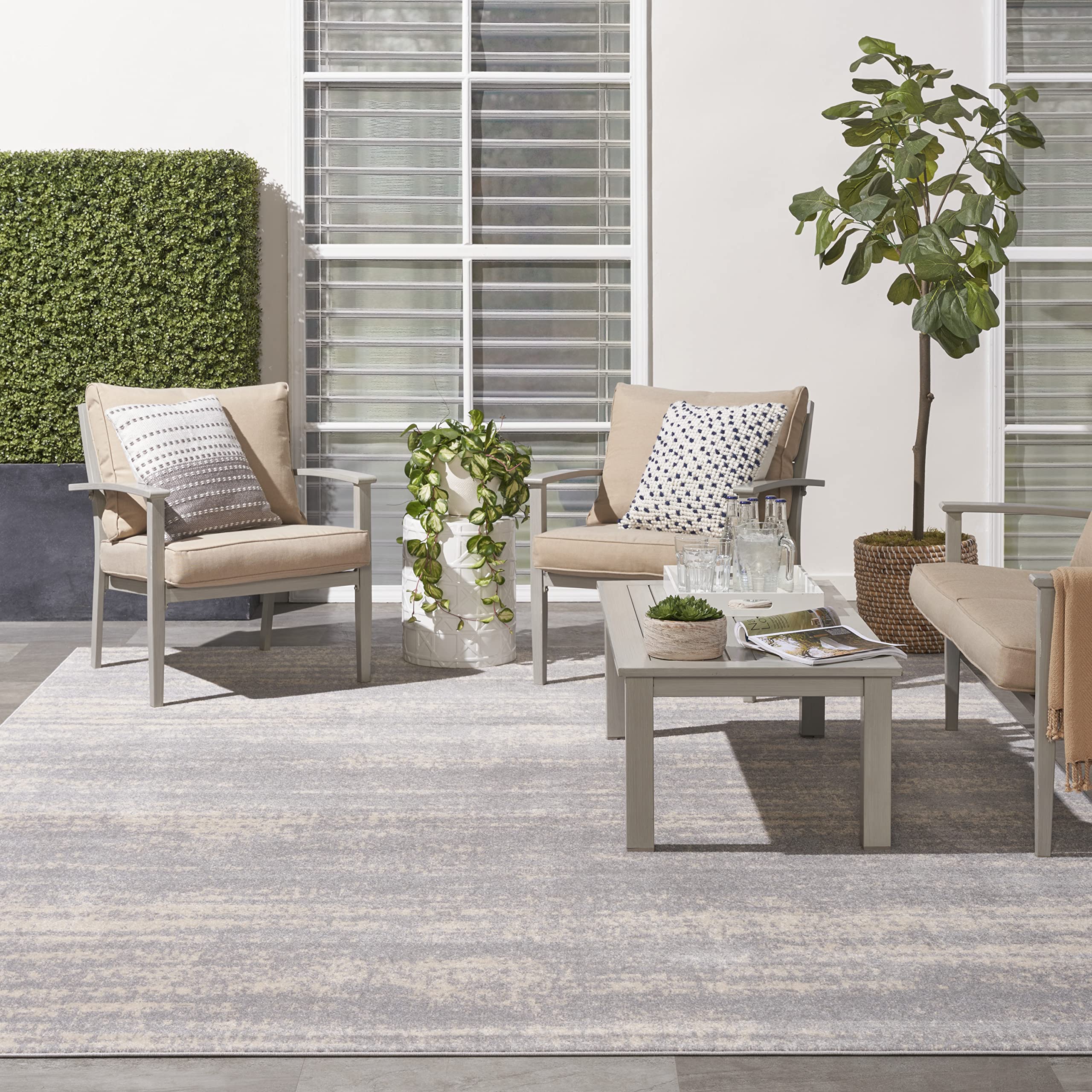 Nourison Essentials Indoor/Outdoor Solid Abstract Grey/Beige 10' X 14' Area Rug, Easy Cleaning, Non Shedding, Bed Room, Living Room, Dining Room, Backyard, Deck, Patio (10X14)