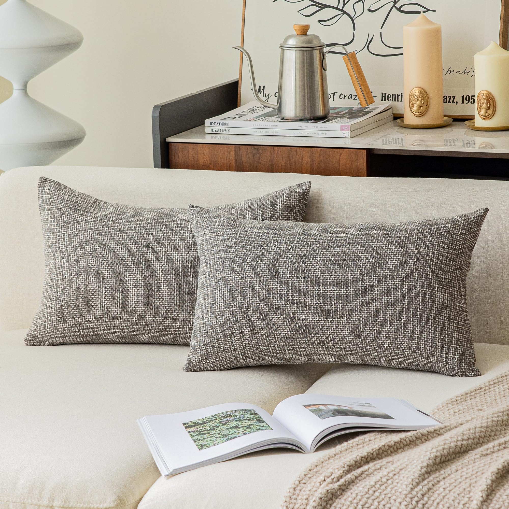 Kevin Textile Set Of 2 Lumbar Throw Cover Handmade Faux Linen Cushion Case Soft Pillowcase For Chair/Couch, 12 'X20 ', Grey