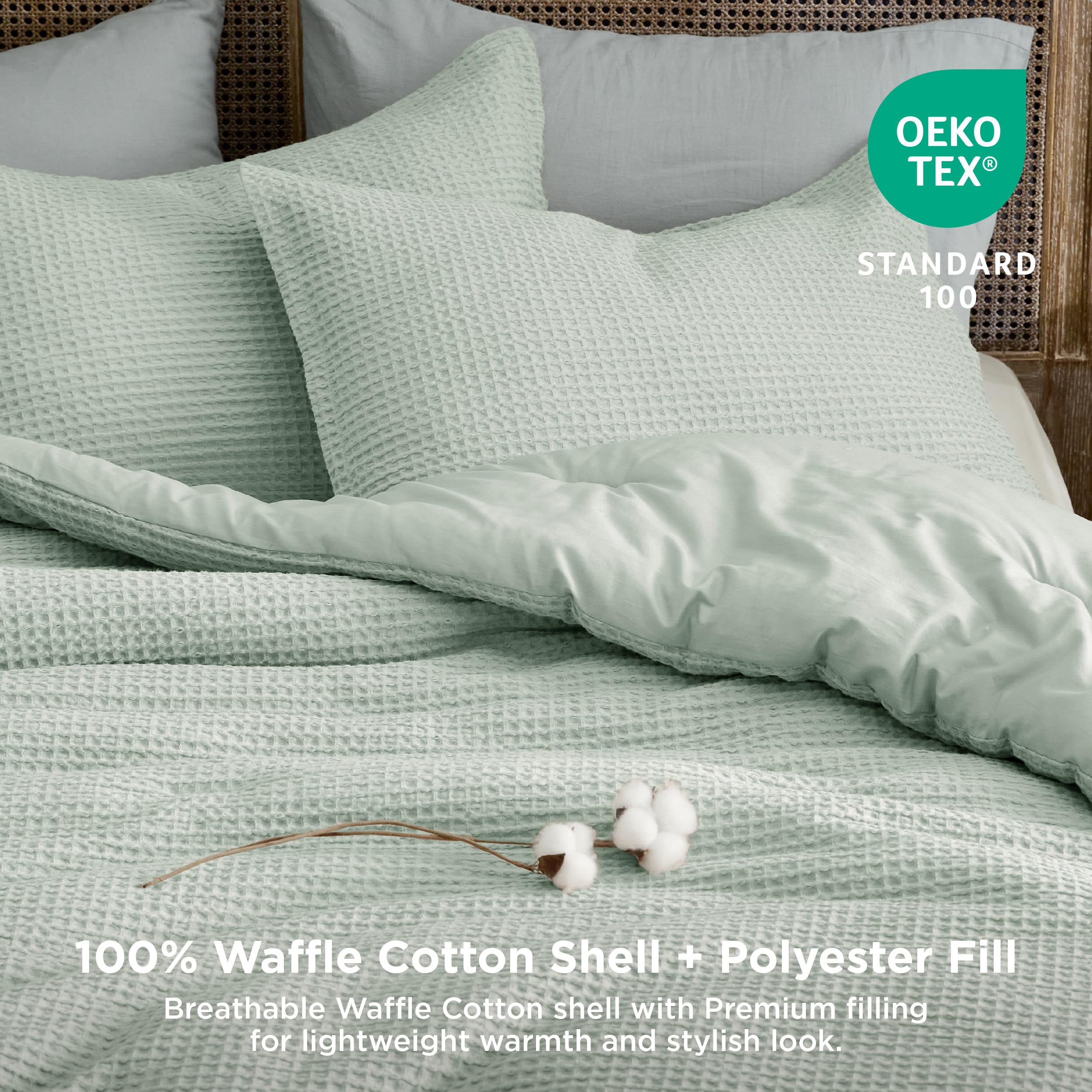 Bedsure Waffle Comforter Set King, Sage Green Cotton Bedding Set For All Seasons, Waffle Weave Bed Set, 3 Pieces, 1 Comforter (104'X90') And 2 Pillow Shams, Premium Cotton Cover With Polyester Fill