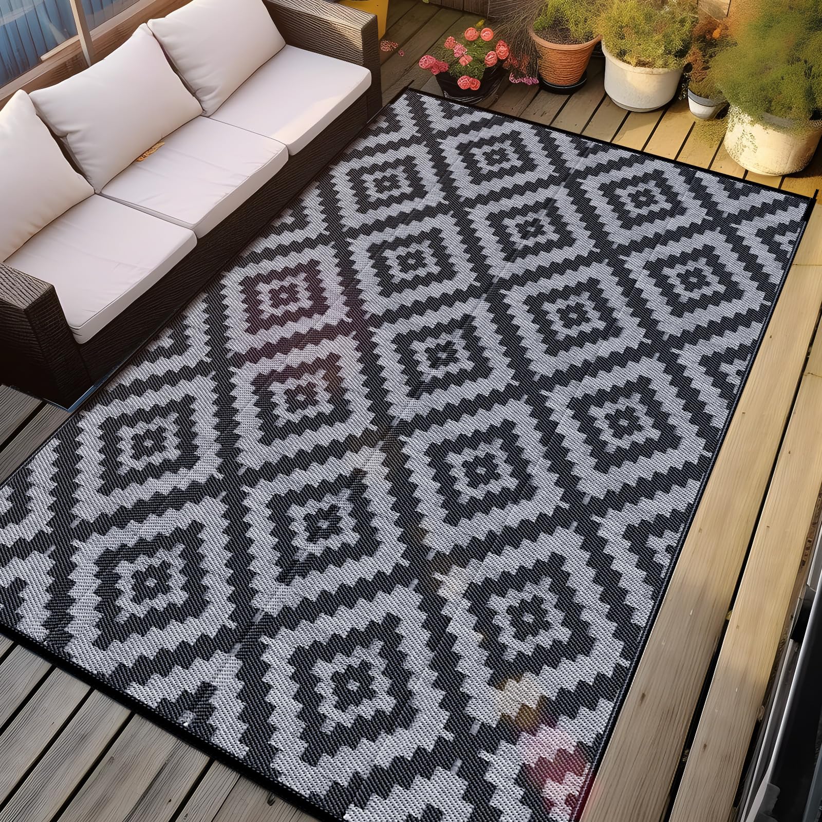 Outdoor Camping Rug Waterproof 5x8FT, Reversible Stain & UV Resistant Plastic Straw RV Rug for Outside Patio Porch Pool Deck Bea