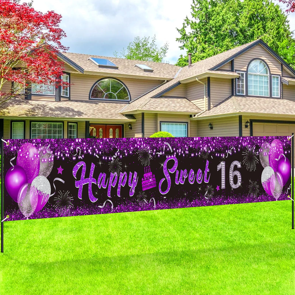 Purple 16th Birthday Decorations Banner for Girls Happy Sweet 16 Birthday Yard Banner Black Purple and Silver 16th Birthday Yard