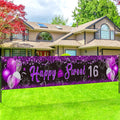 Purple 16th Birthday Decorations Banner for Girls Happy Sweet 16 Birthday Yard Banner Black Purple and Silver 16th Birthday Yard