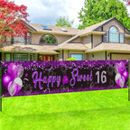 Purple 16th Birthday Decorations Banner for Girls Happy Sweet 16 Birthday Yard Banner Black Purple and Silver 16th Birthday Yard
