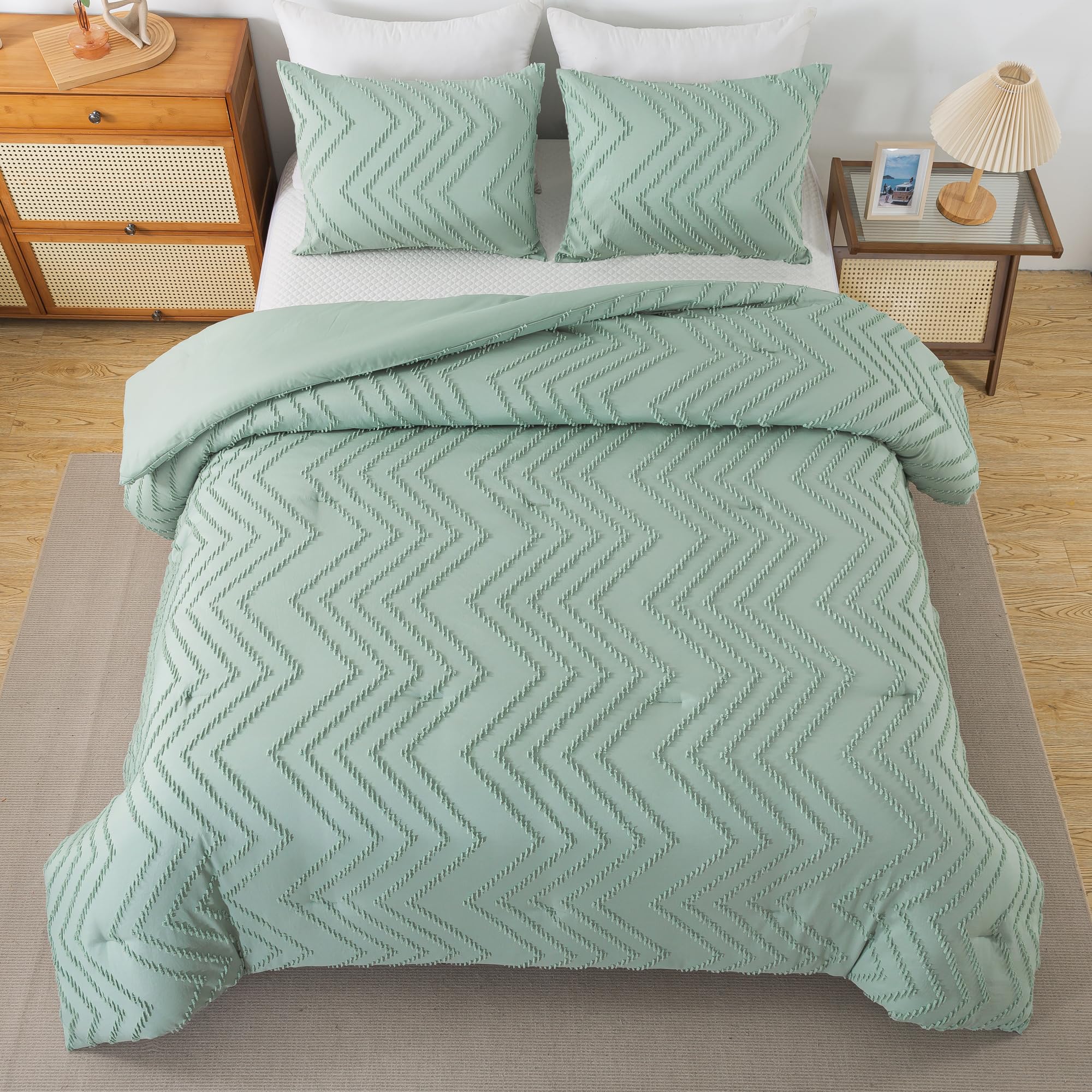 Andency Sage Green Comforter Full, Boho Soft Fluffy Warm Lightweight Bedding Comforter Sets For Full Bed, 3 Pieces Light Green Chevron Tufted Aesthetic Microfiber Lightweight Comforter Set