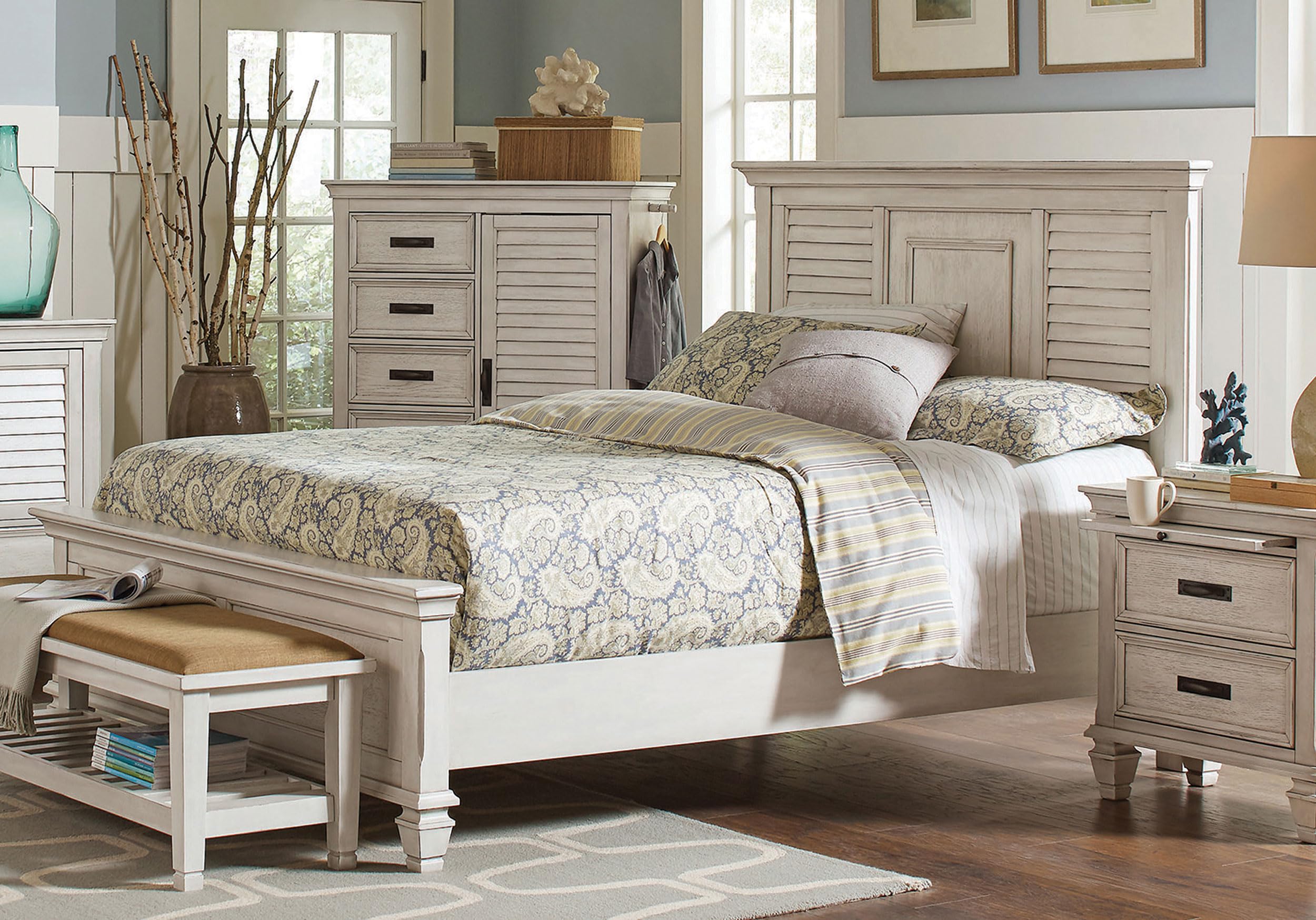 Coaster Home Furnishings Franco Farmhouse Wood Eastern King Size Panel Bed Frame 57-inch Headboard Distressed White 205331KE