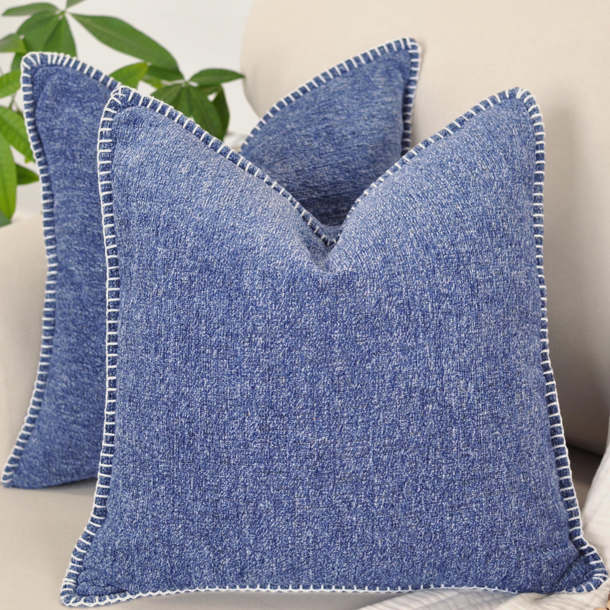 Decorative Stitched Edges Soft Throw Pillow Covers Heather Navy Blue 20X20 Inches Set Of 2 / Cozy Chenille Cushion Covers/Modern
