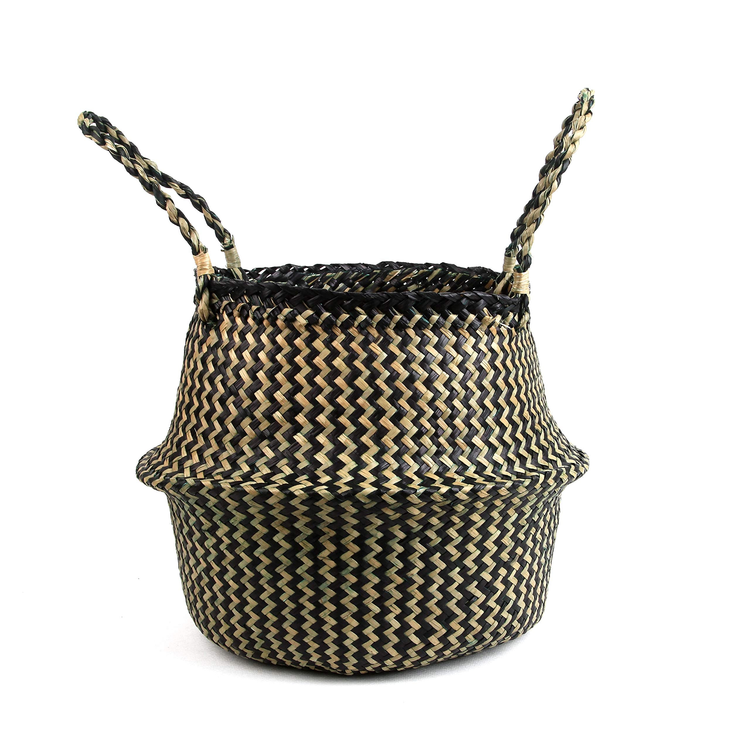 Bluemake Woven Seagrass Belly Basket For Storage Plant Pot Basket And Laundry, Picnic And Grocery Basket (Medium, Black Strips)