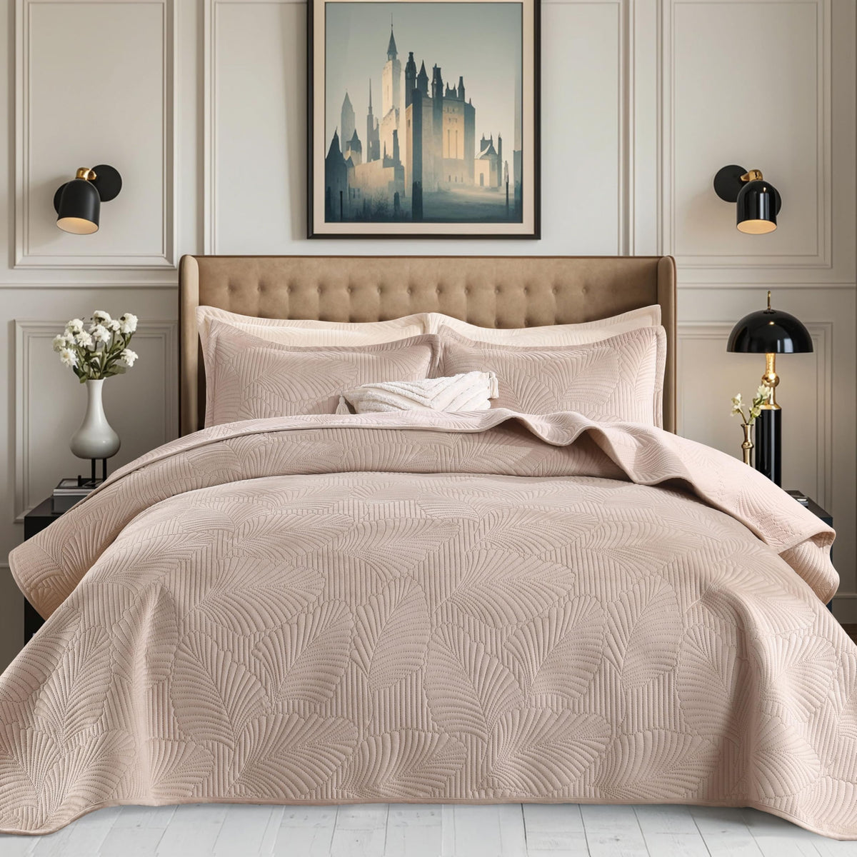 Grassix Velvet Quilt Set Queen Size, 3 Pieces Lightweight Summer Quilt Bedding Set, Luxury Soft Light Taupe Bedspread With 2 Pil