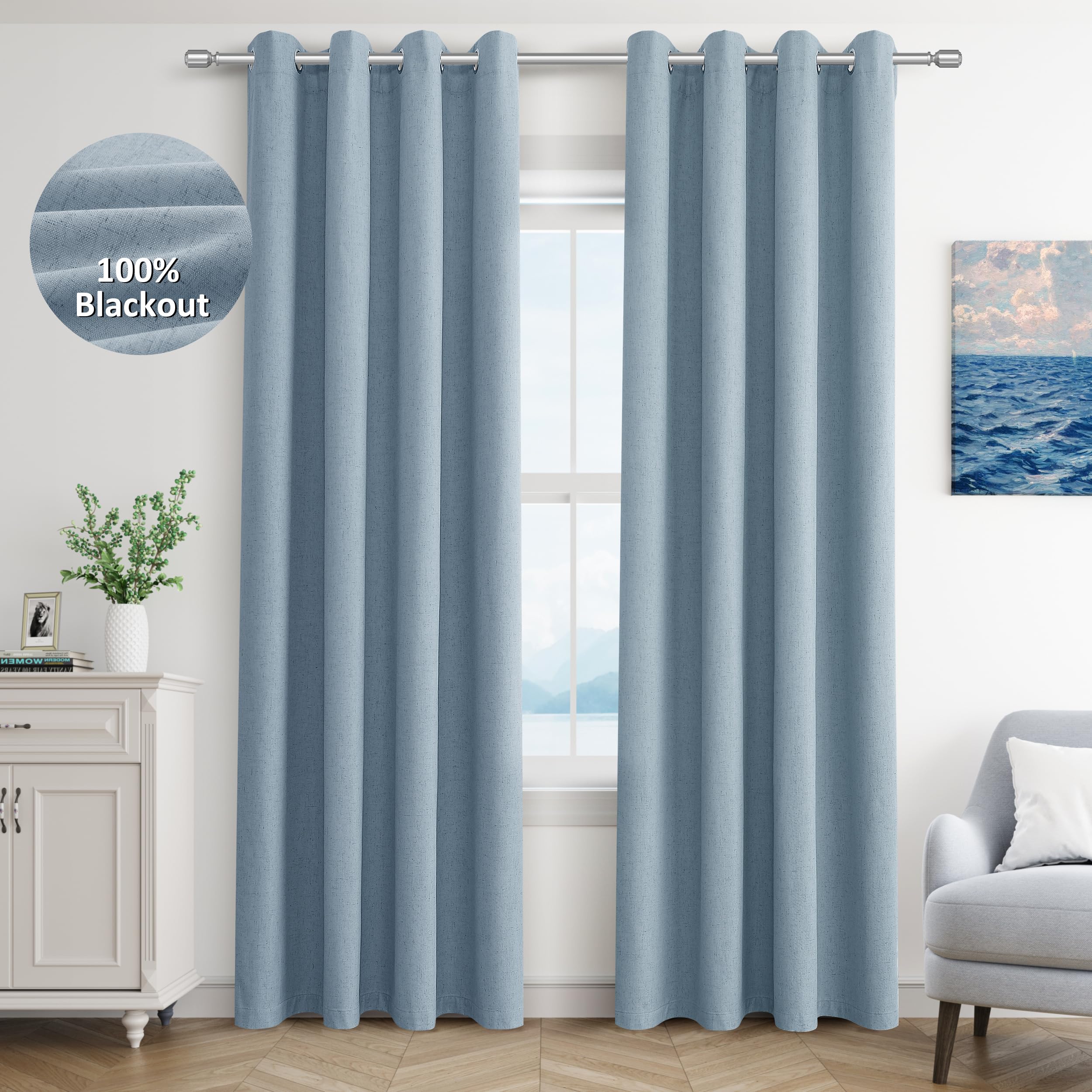 Jowels Blue Linen Blackout Curtains 84 Length 2 Panels Set for Living Room Bedroom, 100% Black Out Thermal Insulated Linen Drape