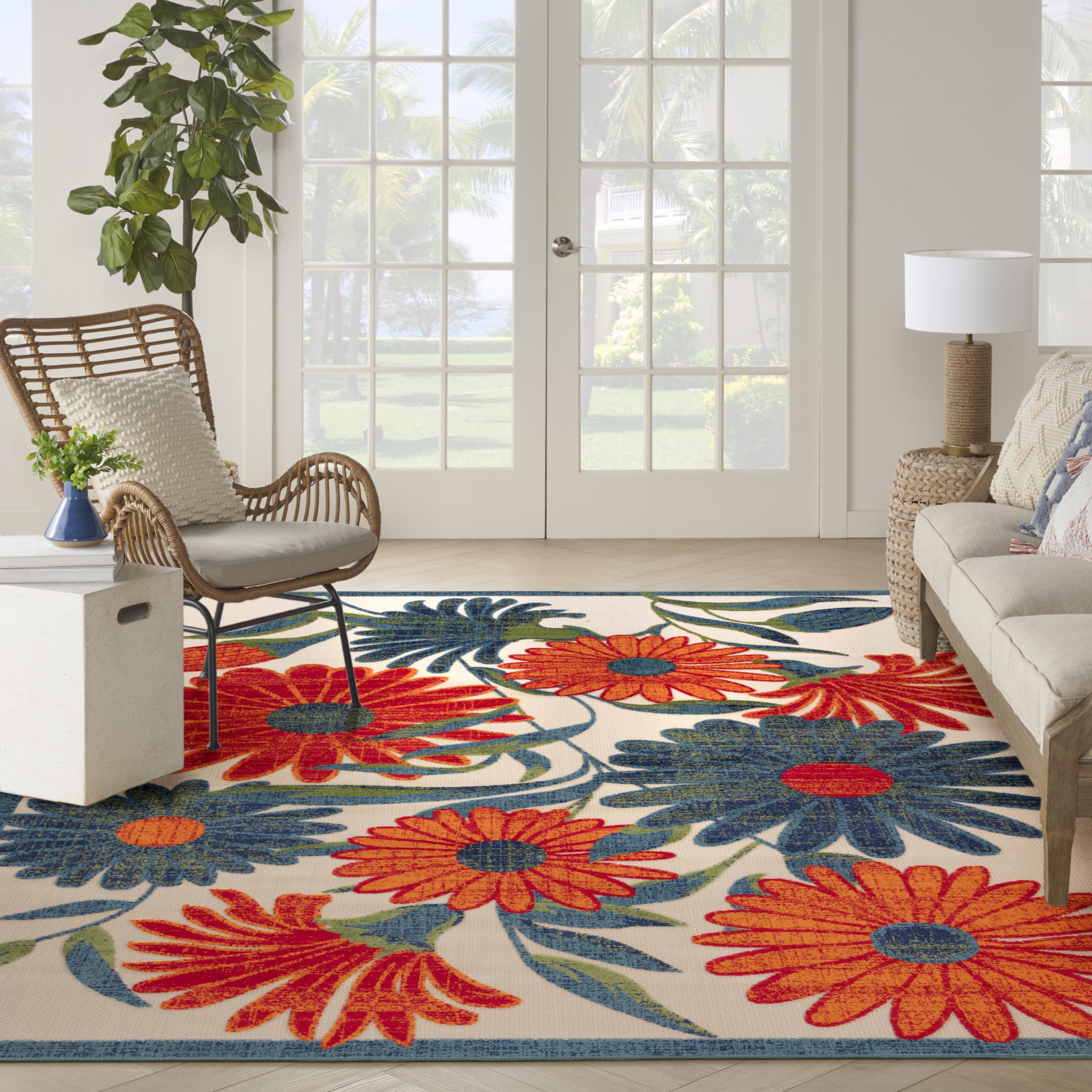 Nourison Aloha Indoor/Outdoor Ivory Multicolor 10' X 14' Area Rug, Easy Cleaning, Non-Shedding, Bed Room, Living Room, Dining Ro