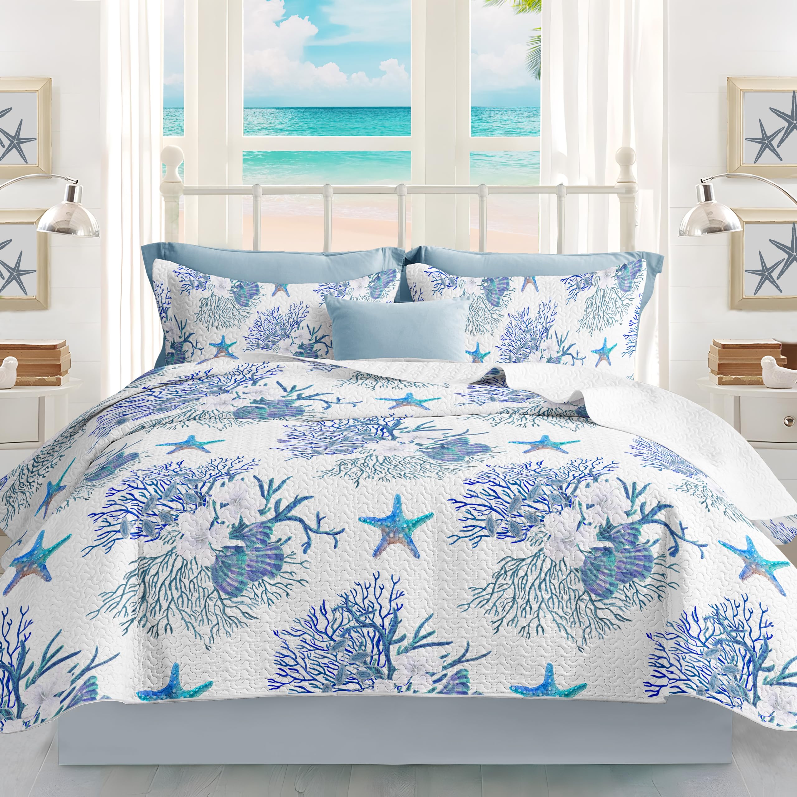 Coastal Bedding King Size Coastal Quilt With 2 Shams, Nautical Bedding Beach Comforter Sets Ocean Bedspreads Blue Starfish Cover
