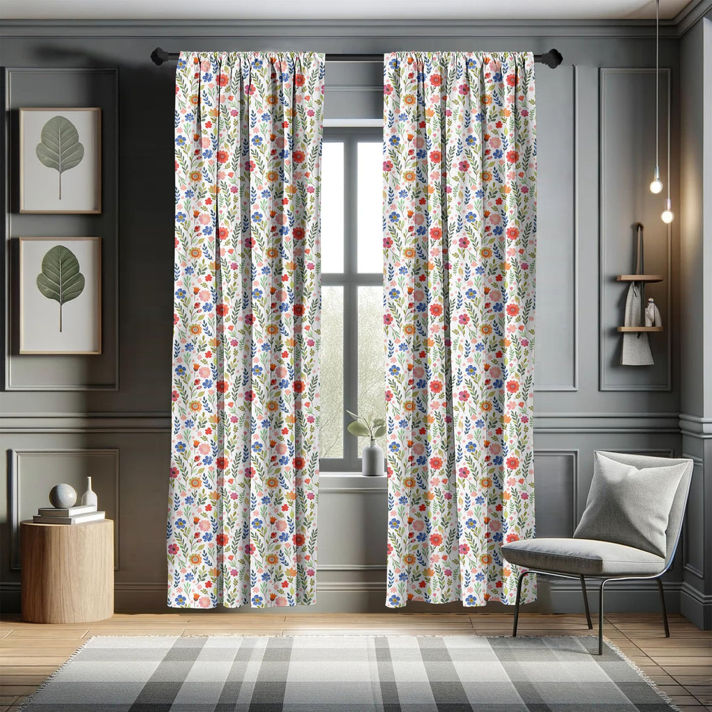 Ambesonne Watercolor Curtains, Floral Patterned Illustration Leaves And Wildflowers Abstract Botanical, Window Treatments 2 Pane