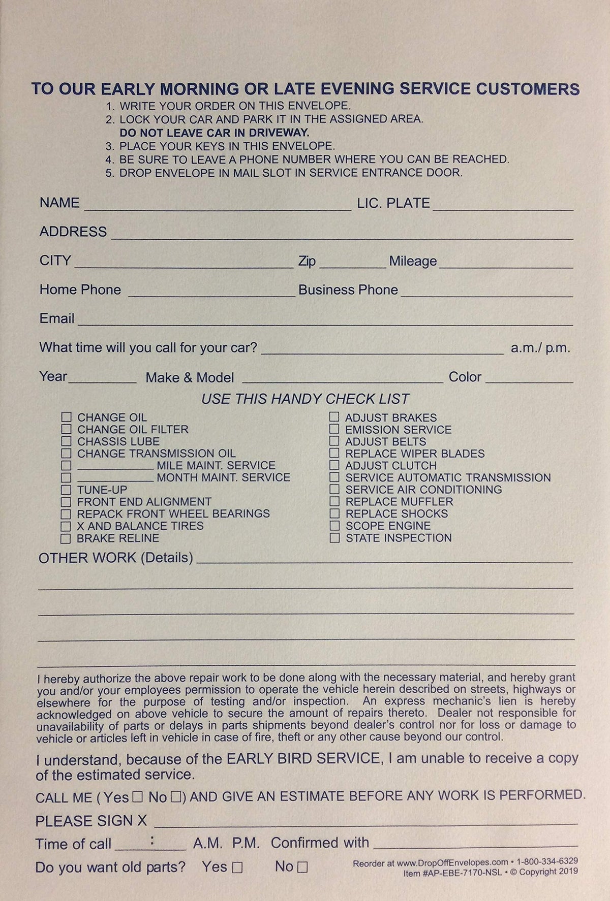 Early Morning Late Evening Service Drop Off Envelope Ebe-7170-Nsl (500 Qty.) (T6)