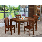 East West Furniture DUNO5-MAH-W 5-Piece Dining Room Set - a Rectangular Modern Dining Table - 4 Wood Dining Chairs with Solid Wood Seat & Slatted Back - Mahogany Finish