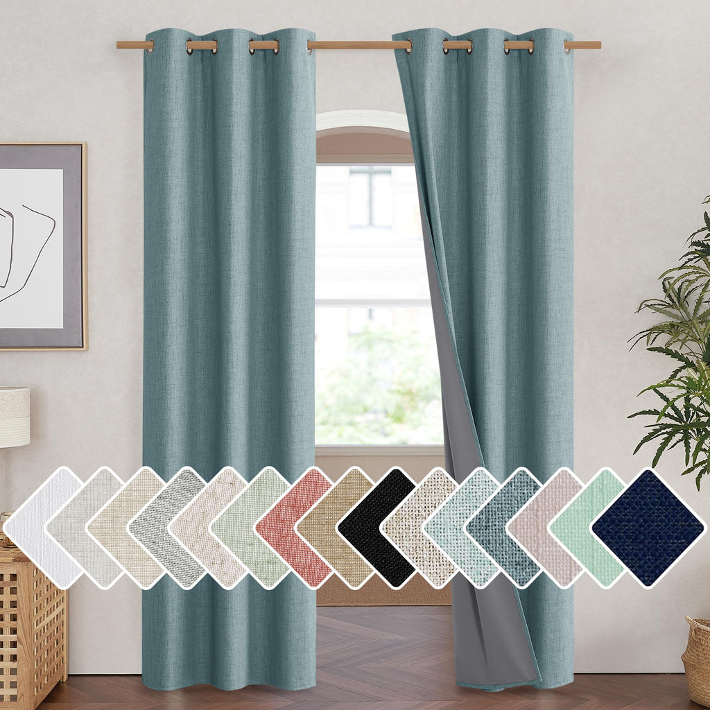 Nicetown 100% Absolutely Blackout Linen Curtains With Thermal Insulated White Liner, Skylark Blue, 42 Inches Wide, 84 Inches Len