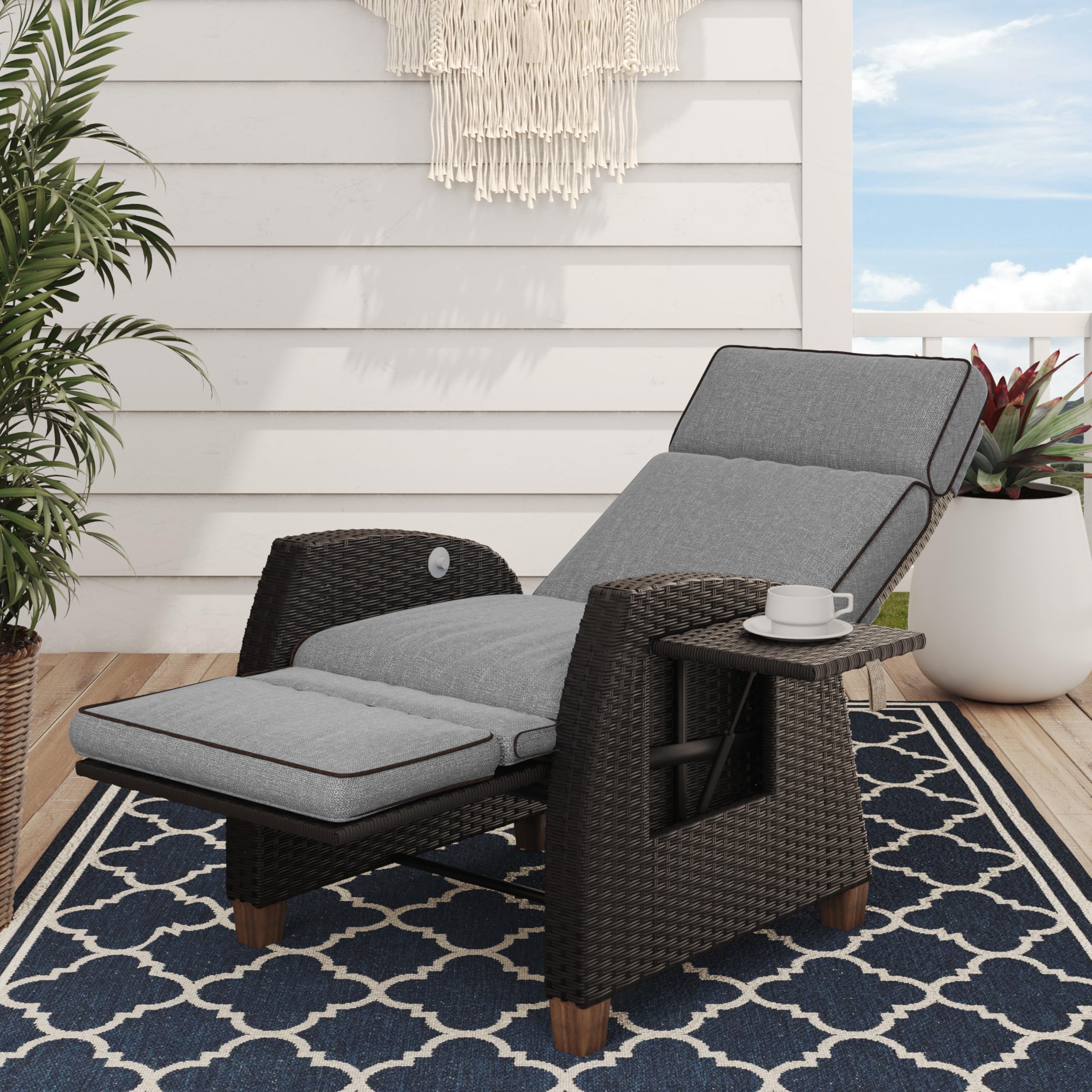 Grand Patio Outdoor Recliner Chair Patio 150° Lay Flat Recliner With Flip Table Wicker Reclining Lounge Chair Cool Grey