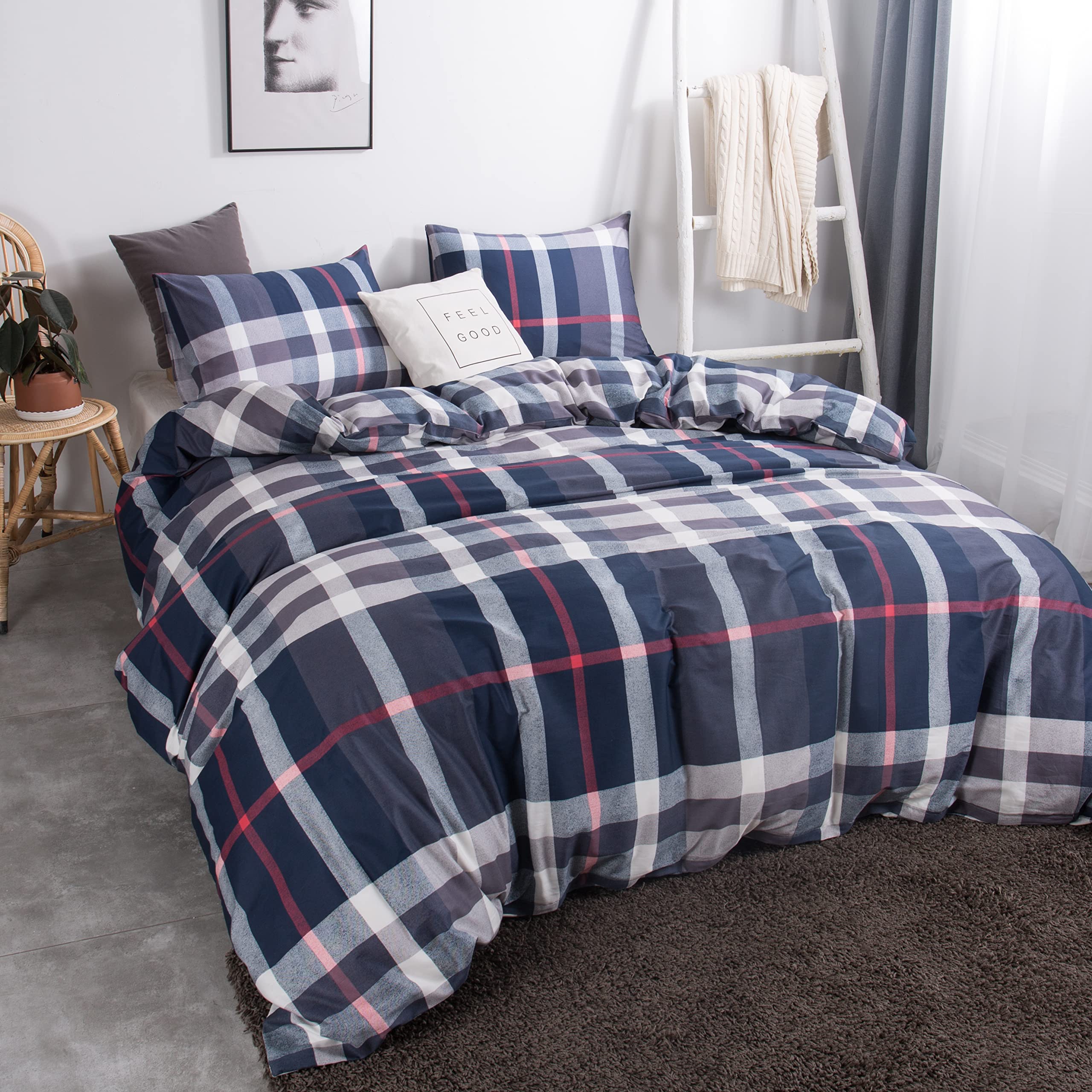 Clothknow Navy Plaid California King Comforter Set Blue Tartan Bedding Comforter Sets Geometric Bed Comforter Cal King Men Women Bedding Blue White Grey Grid Bedding 3Pcs Plaid Comforter Sets Cal King