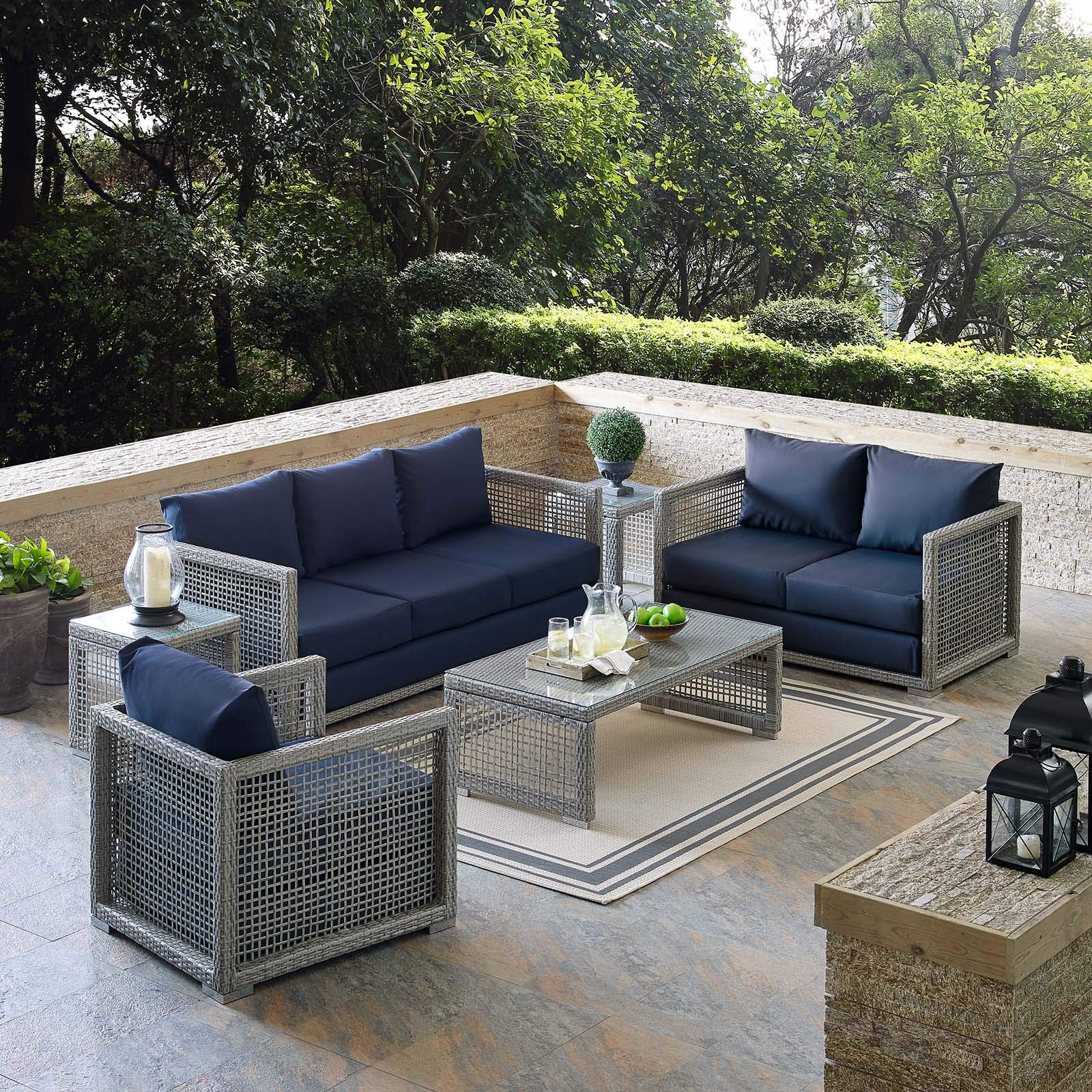Modway Aura Outdoor Patio Wicker Rattan, 6 Piece Set, Gray Navy