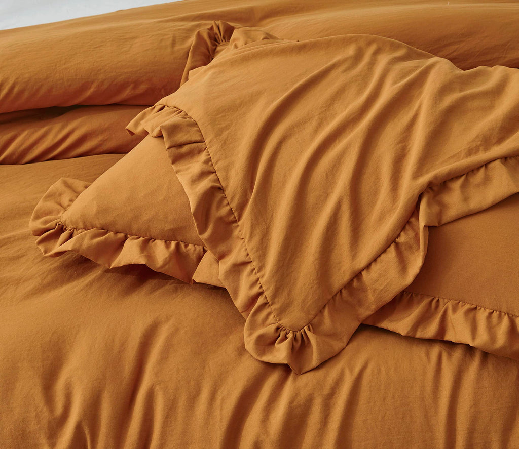 Chezmoi Collection Nora Spice Orange Comforter Set Queen Size 3-Piece Lightweight Fluffy Soft Lightweight Bedding Ruffled Edge T