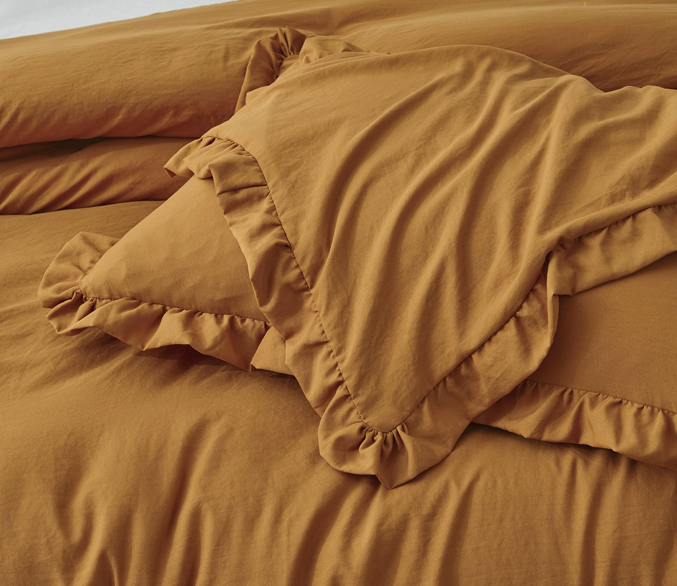 Chezmoi Collection Nora Spice Orange Comforter Set Queen Size 3-Piece Lightweight Fluffy Soft Lightweight Bedding Ruffled Edge T