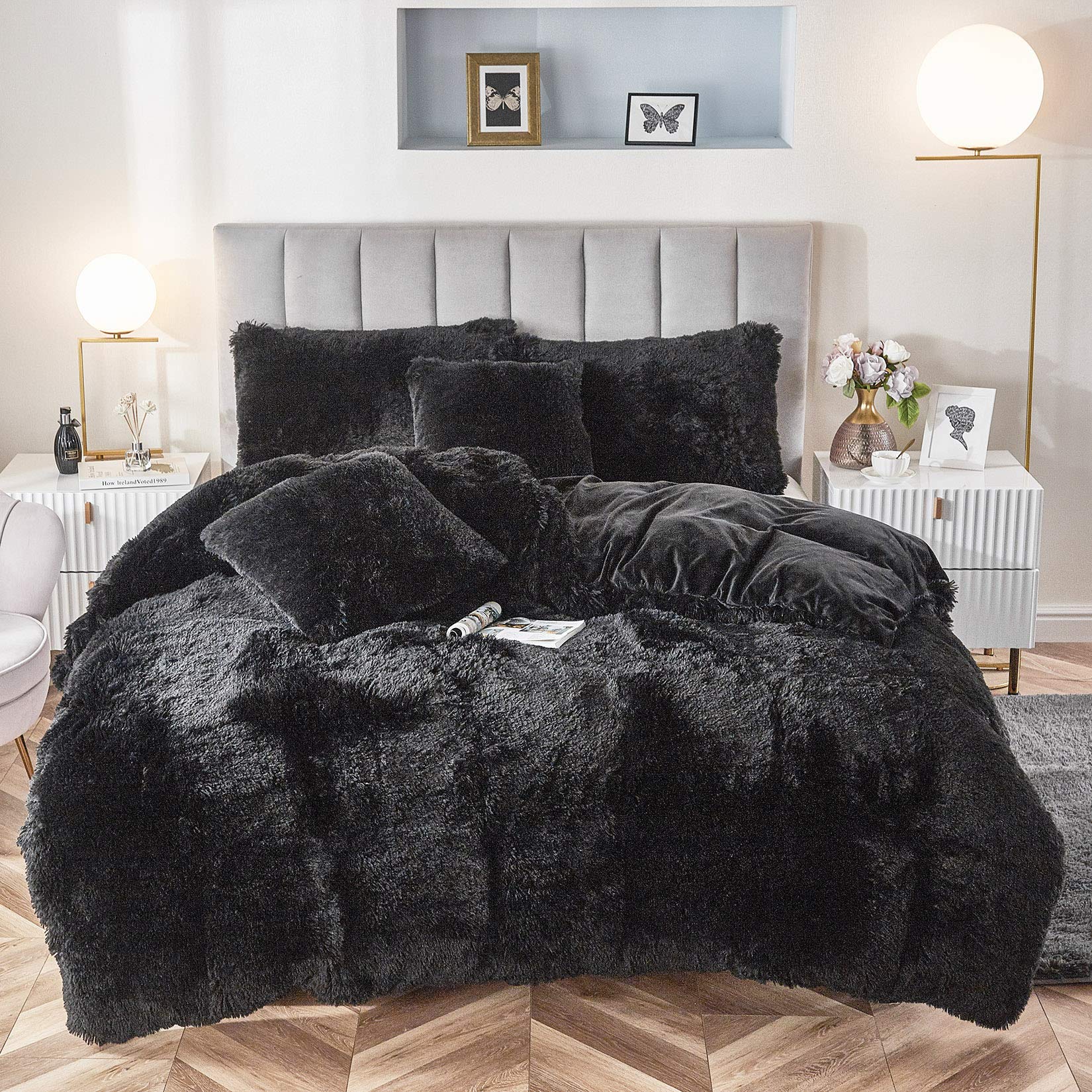 Uhamho Faux Fur Velvet Fluffy Bedding Duvet Cover Set Down Comforter Quilt Cover With Pillow Shams, Ultra Soft Warm (Black, Quee