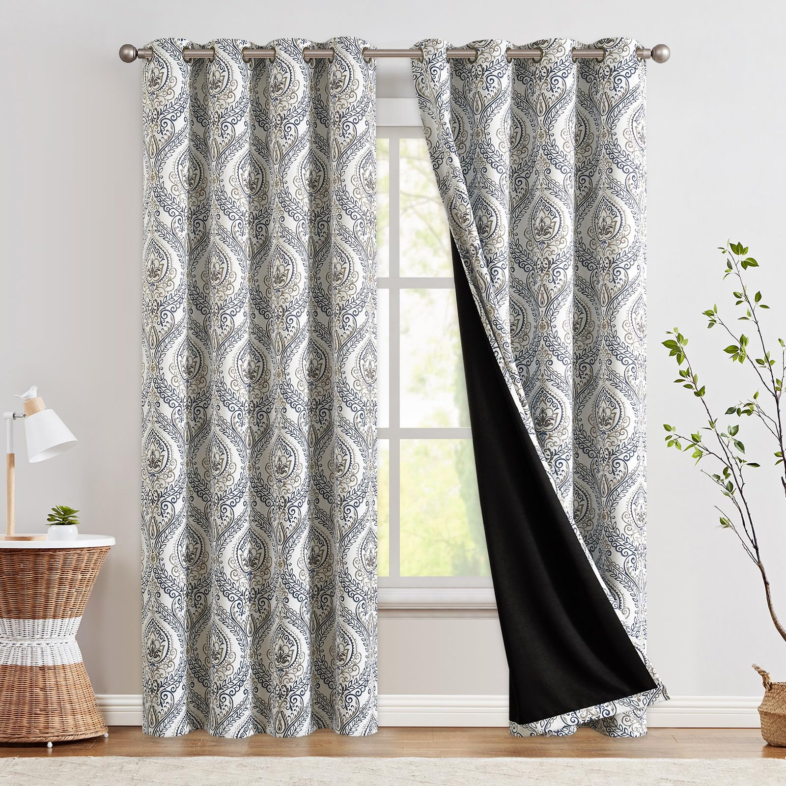 Jinchan 100% Blackout Curtains 84 Inches Long Blue Damask Medallion Curtains For Bedroom Black Out Curtains Printed Vintage Luxury Curtains Grommet Top Window Treatments Drapes Set 2 Panels