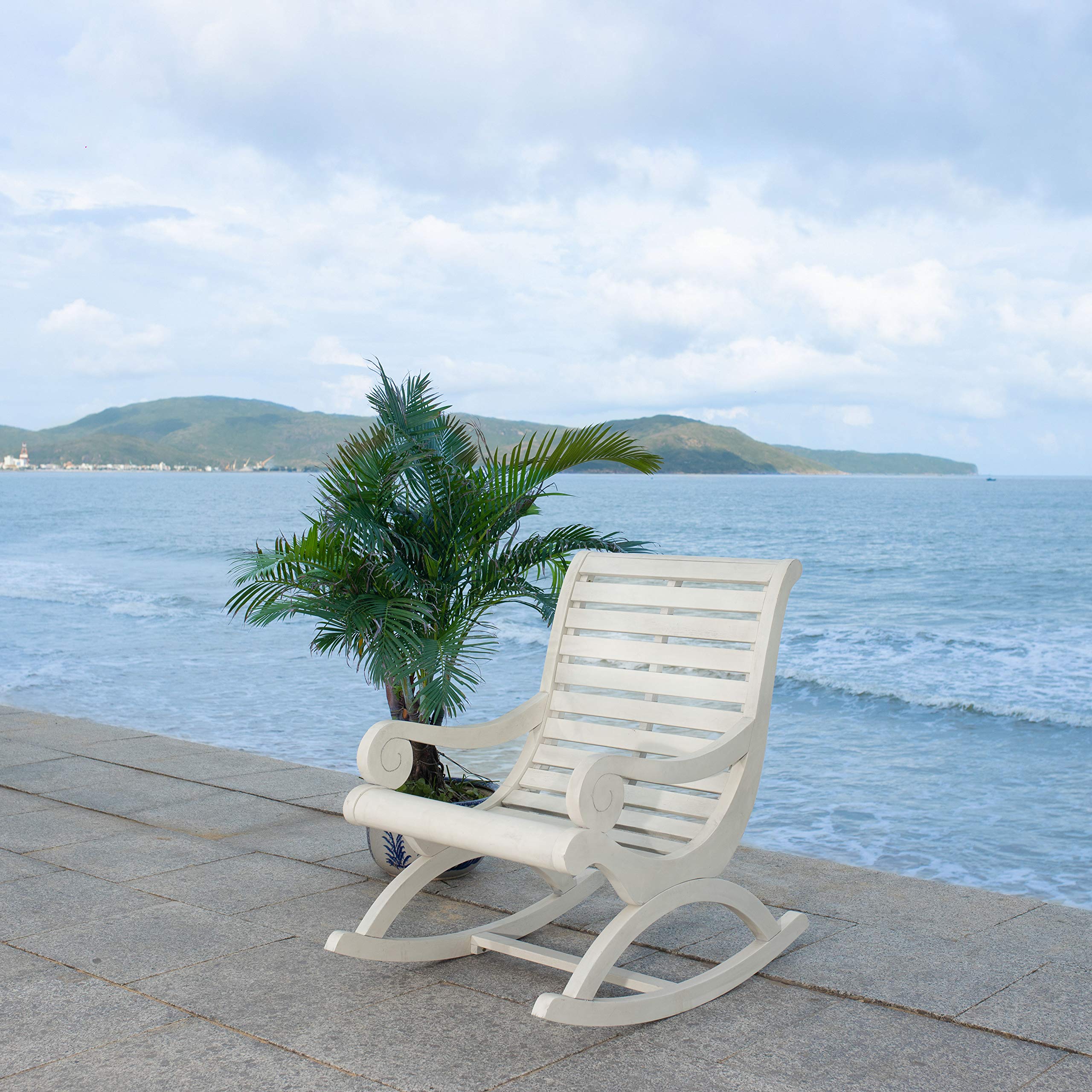 Safavieh Outdoor Sonora White Eucalyptus Wood Scroll Arms Rocking Chair