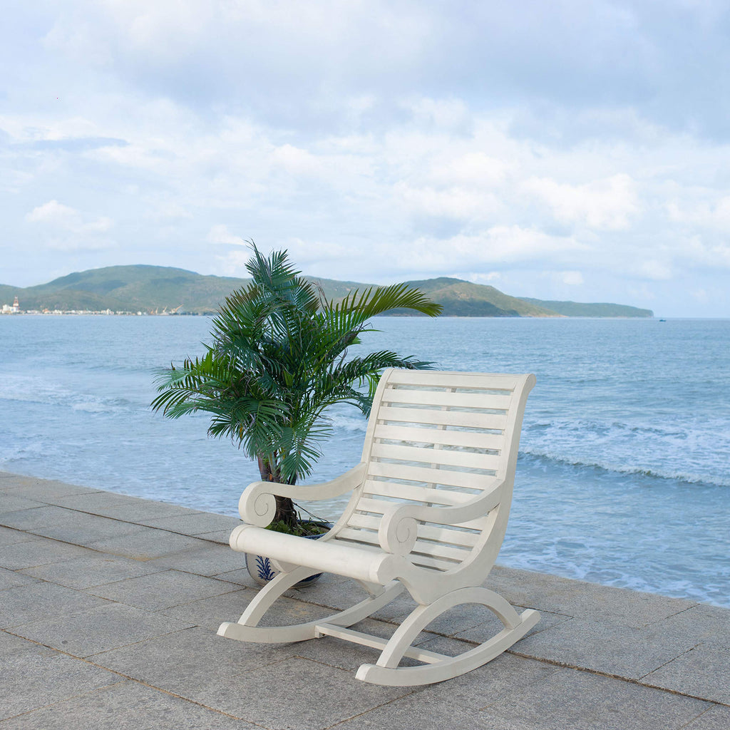Safavieh Outdoor Sonora White Eucalyptus Wood Scroll Arms Rocking Chair