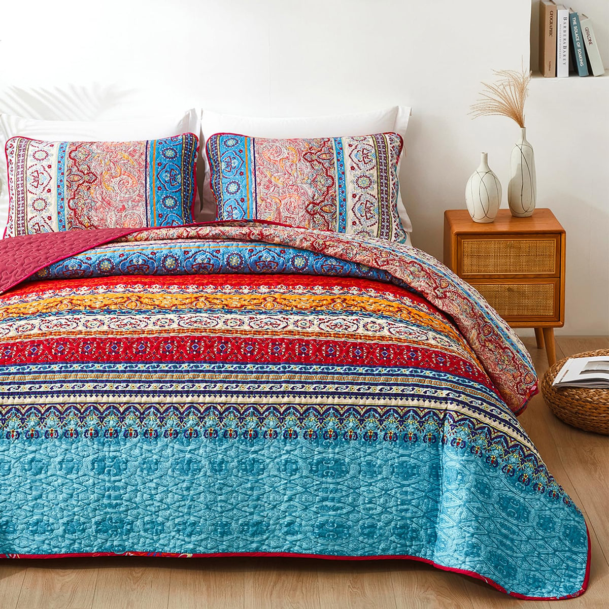 Wongs Bedding Boho Quilt Set Full Size, Bohemian Stripe 3 Pieces Rose Red Quilts Bedspread Set Lightweight Microfiber All Season